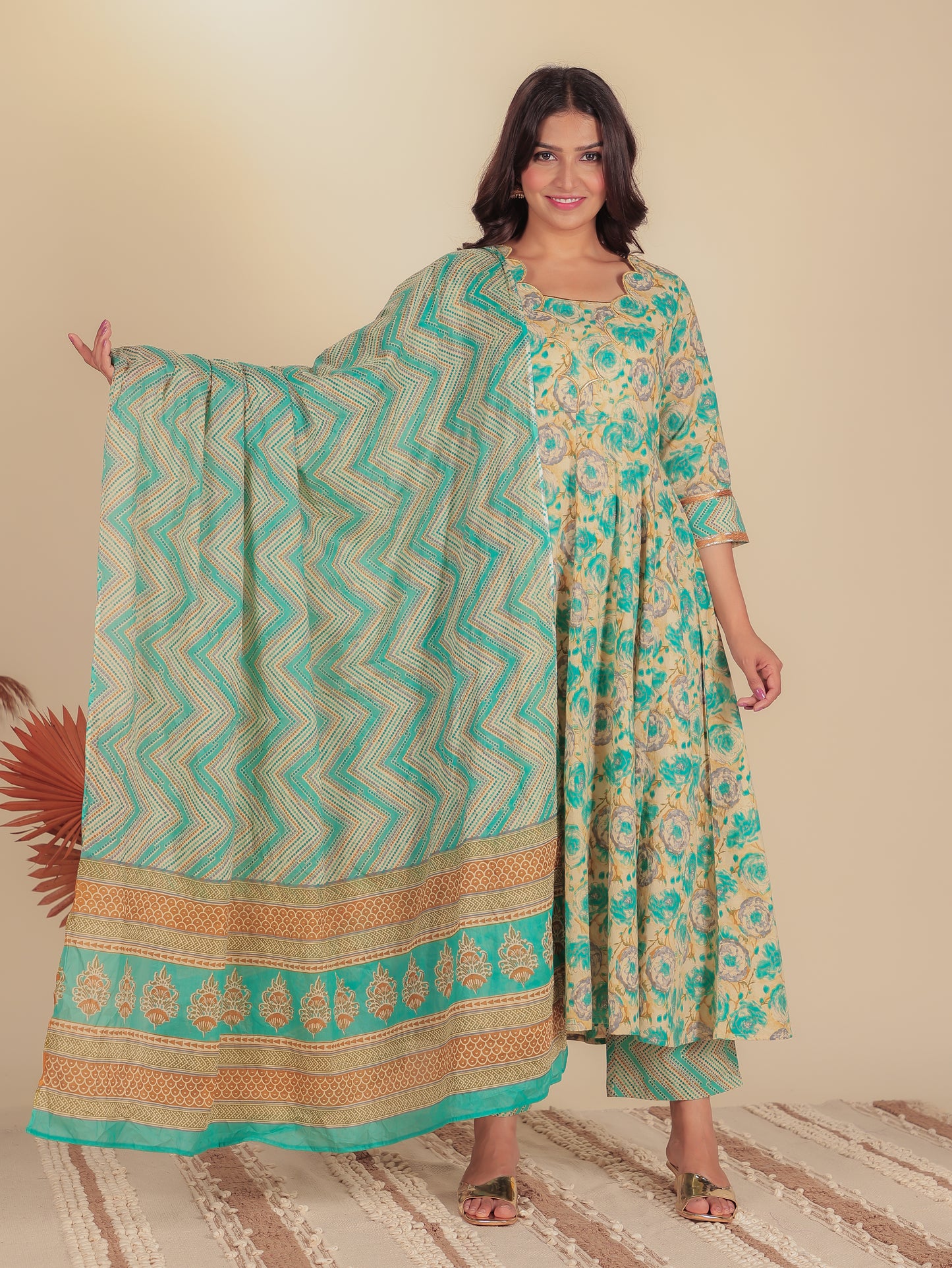 Embroidered Soft Cotton Floral Flared Blue Kurta