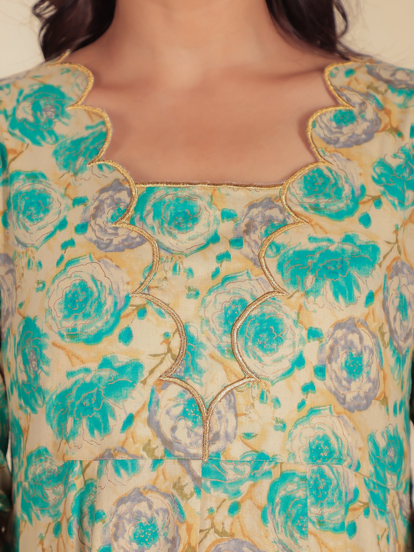 Embroidered Soft Cotton Floral Flared Blue Kurta