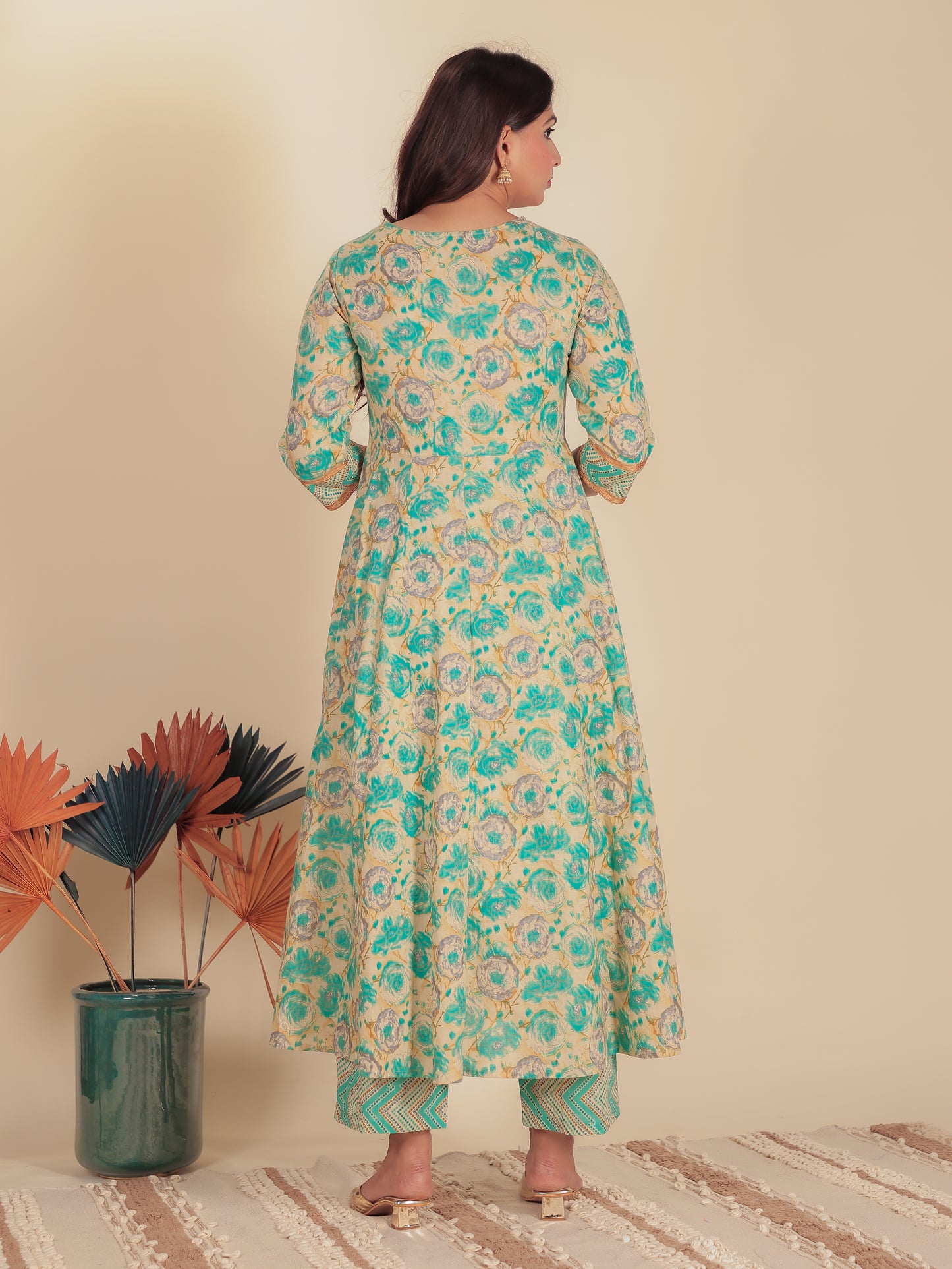 Embroidered Soft Cotton Floral Flared Blue Kurta
