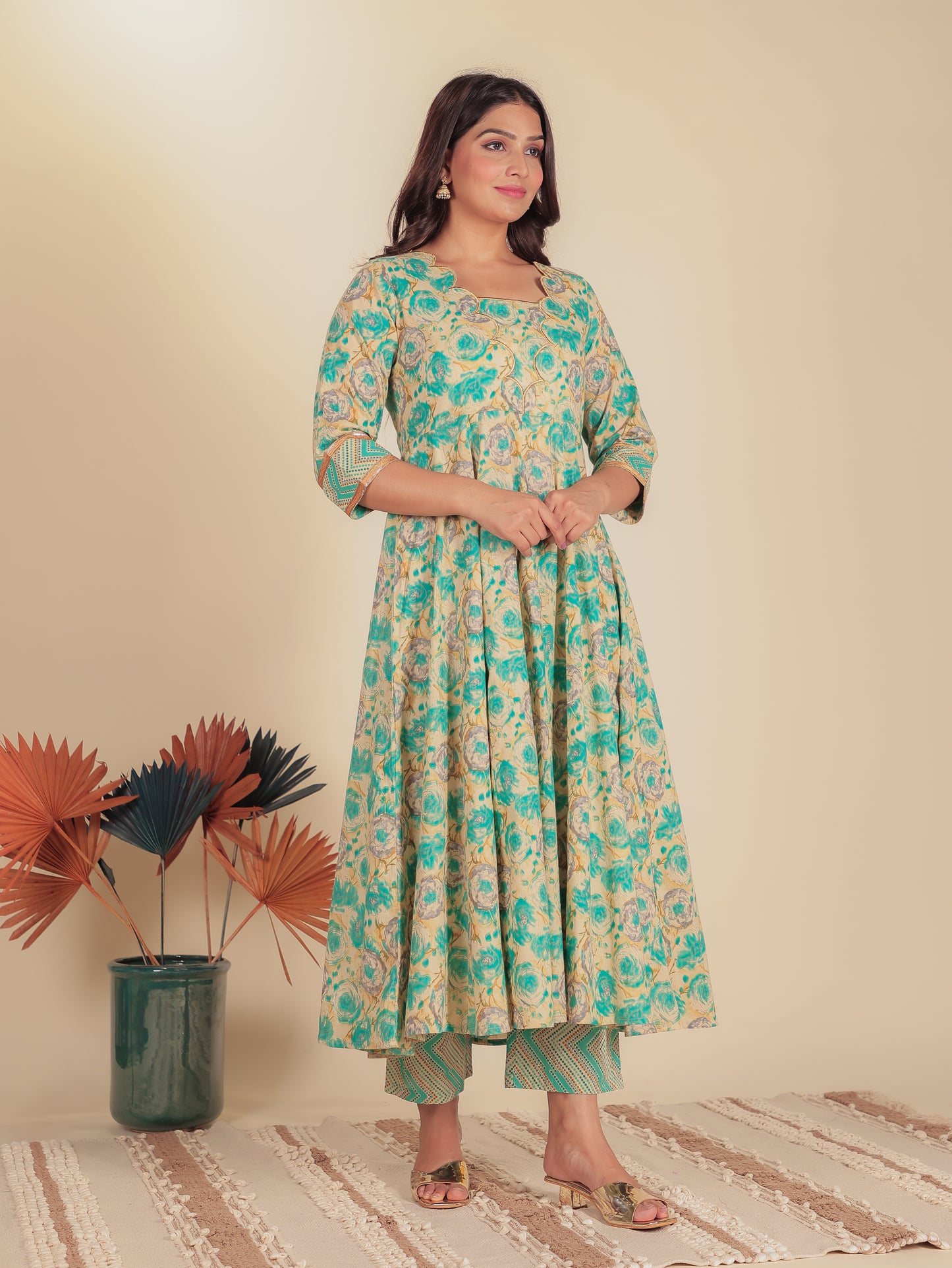 Embroidered Soft Cotton Floral Flared Blue Kurta