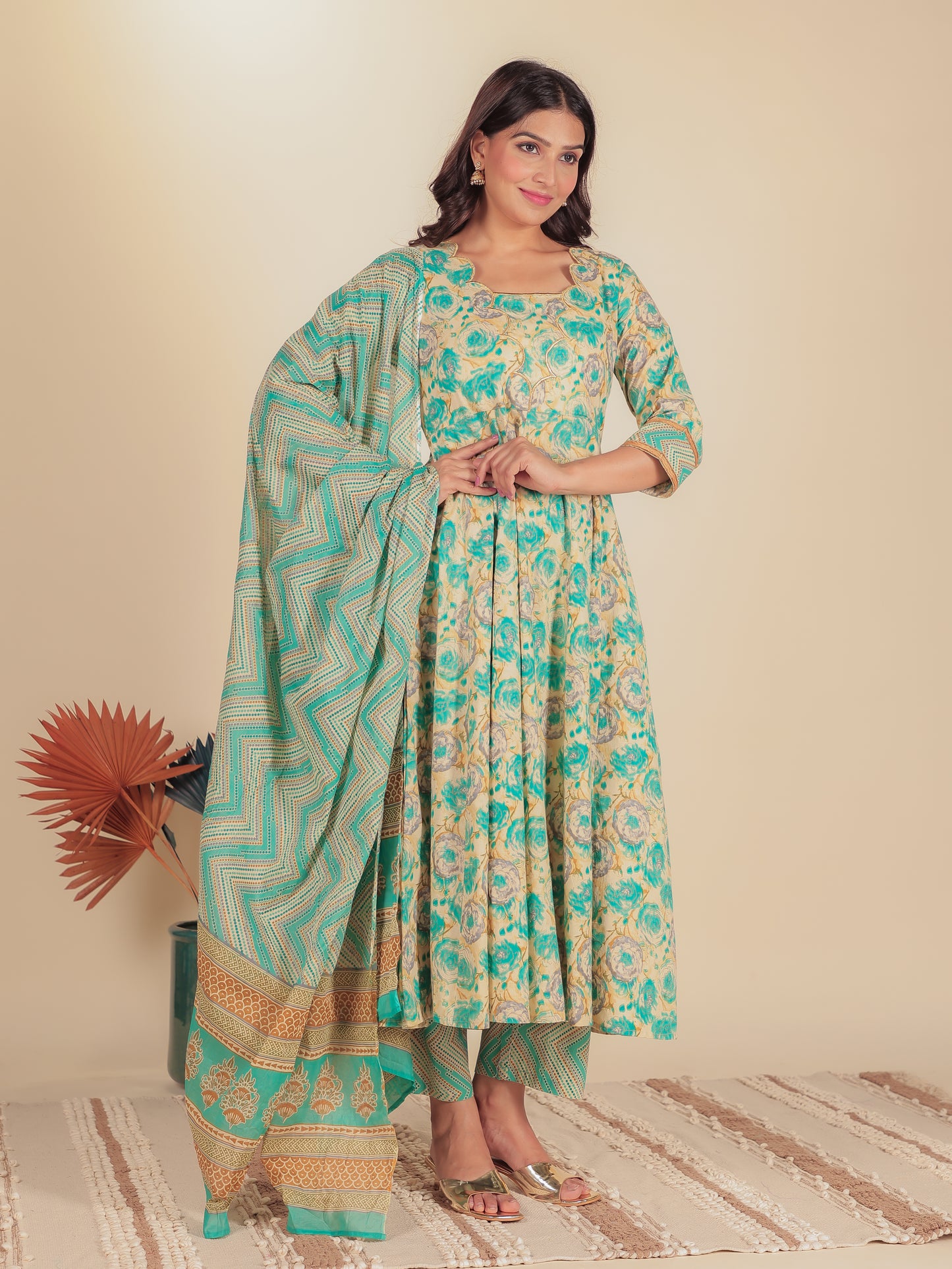 Embroidered Soft Cotton Floral Flared Blue Kurta