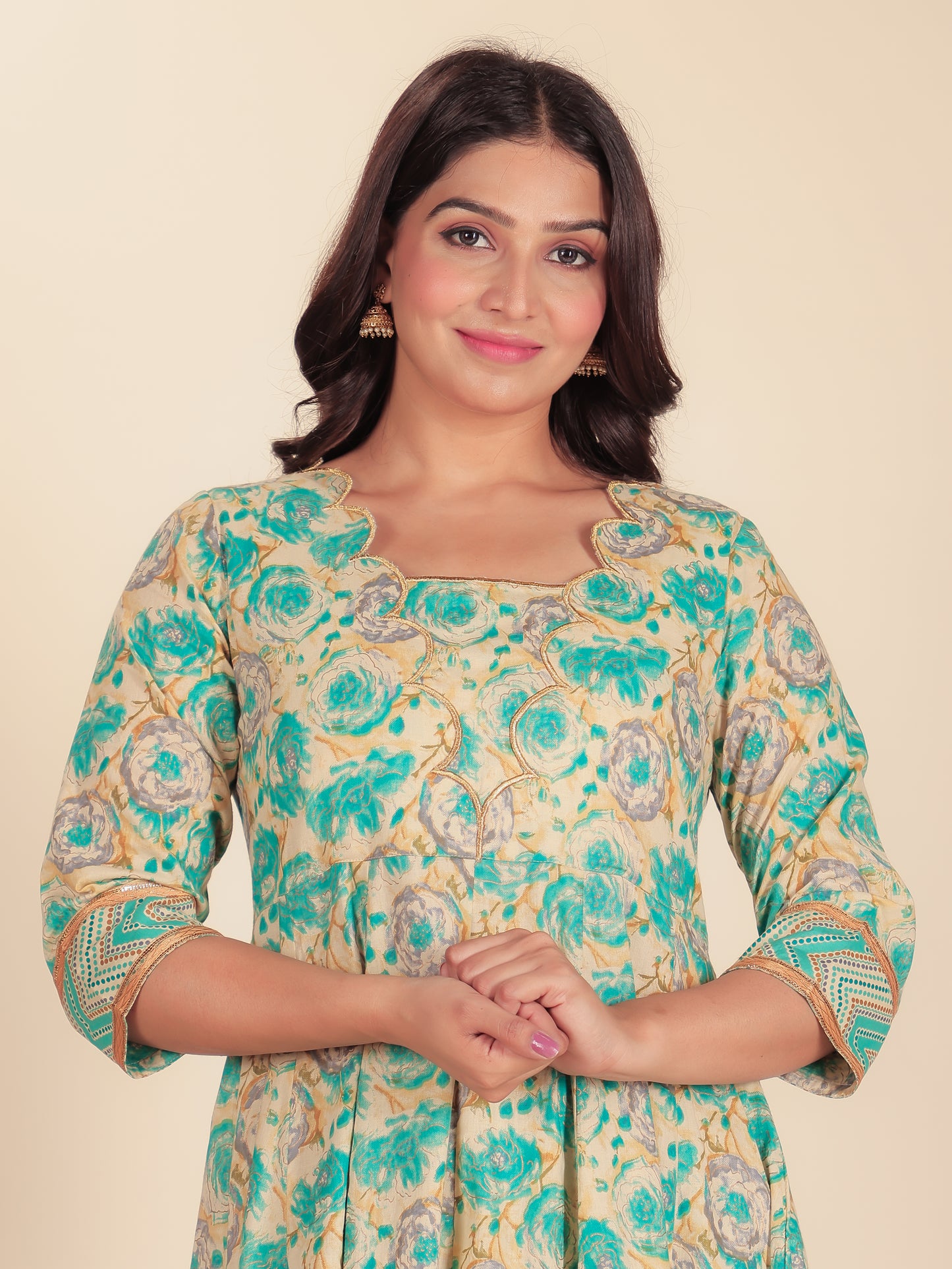 Embroidered Soft Cotton Floral Flared Blue Kurta