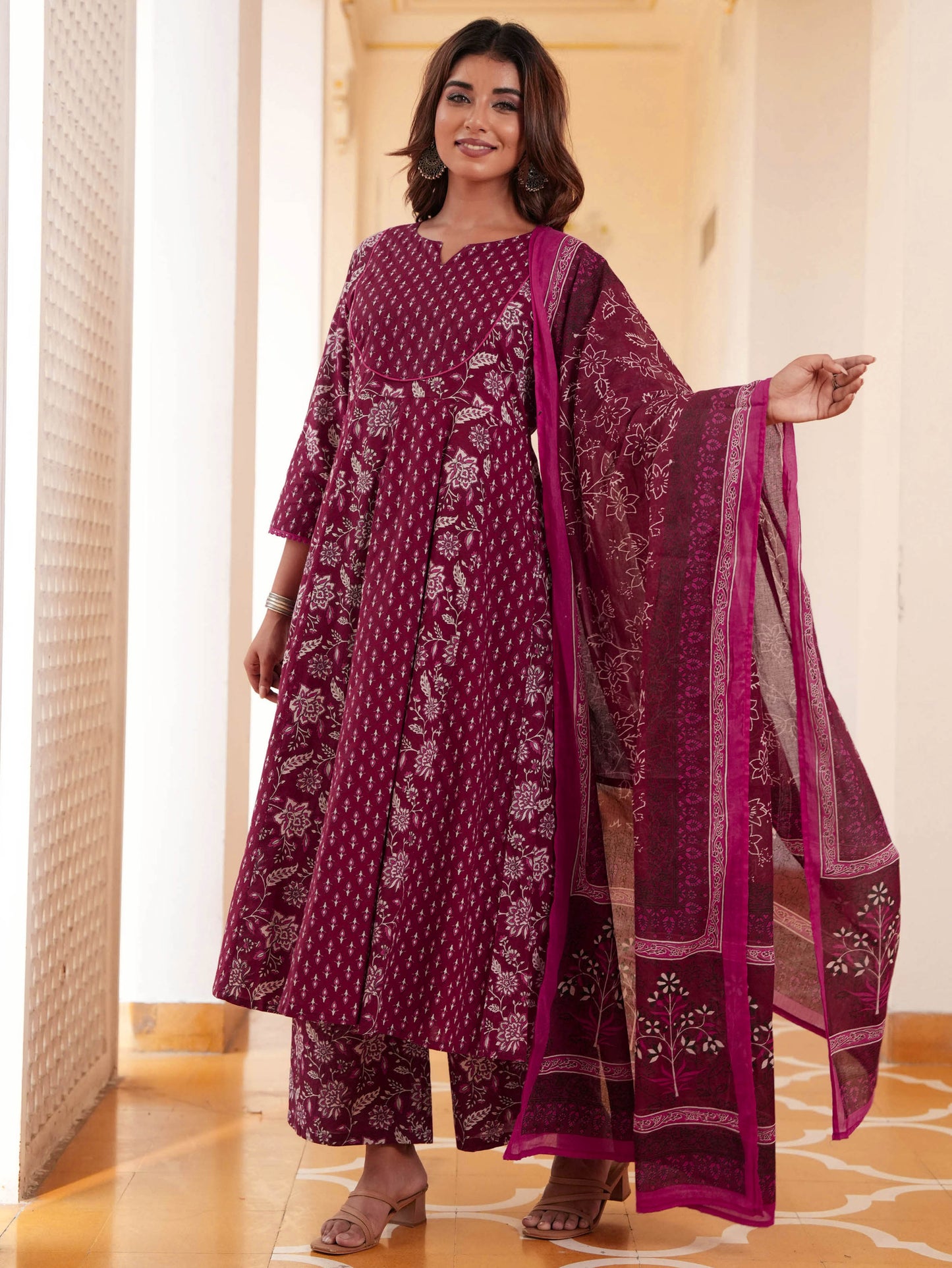 Cotton Voile Floral Maroon Dupatta