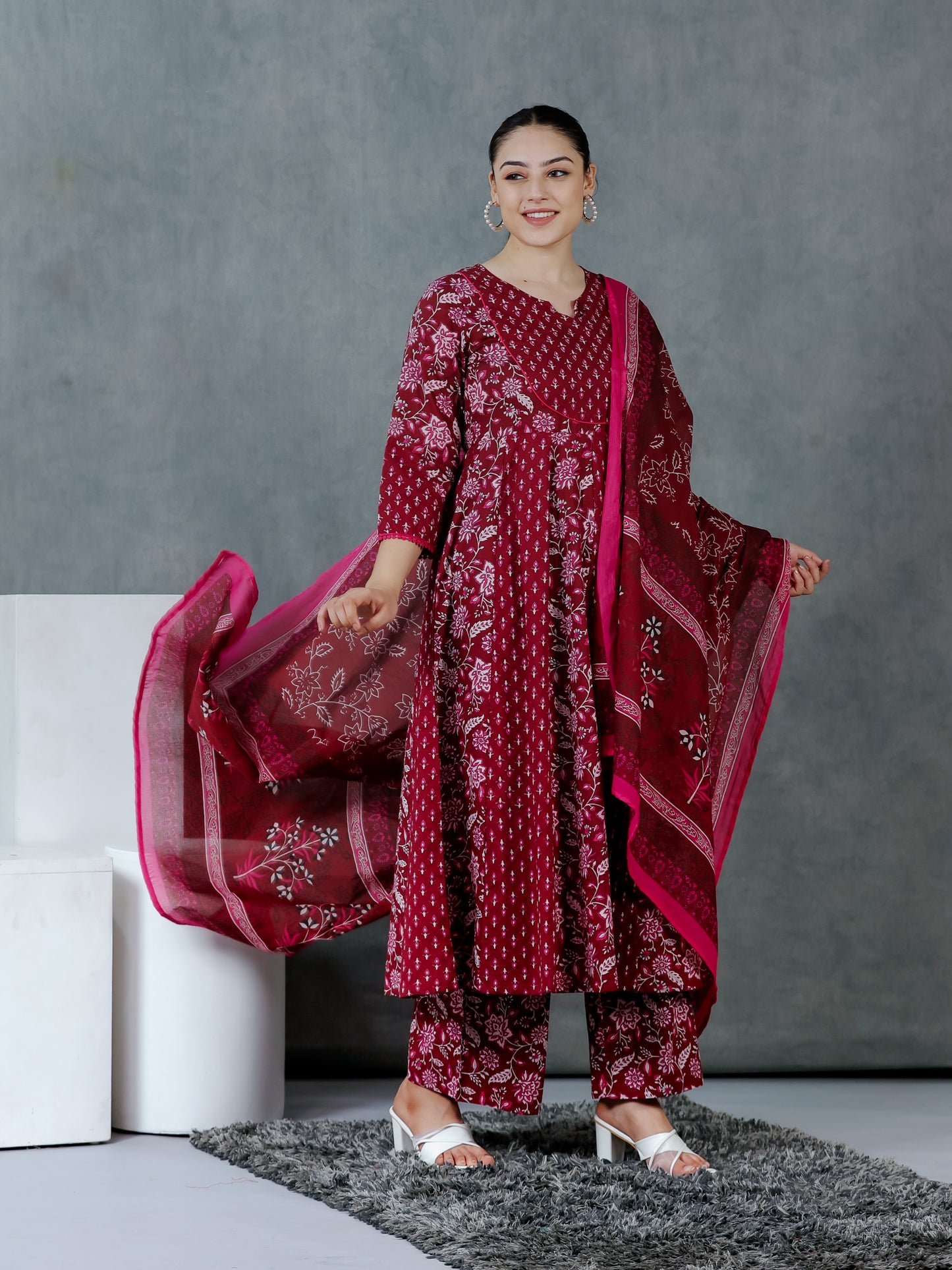 Cotton Voile Floral Maroon Dupatta