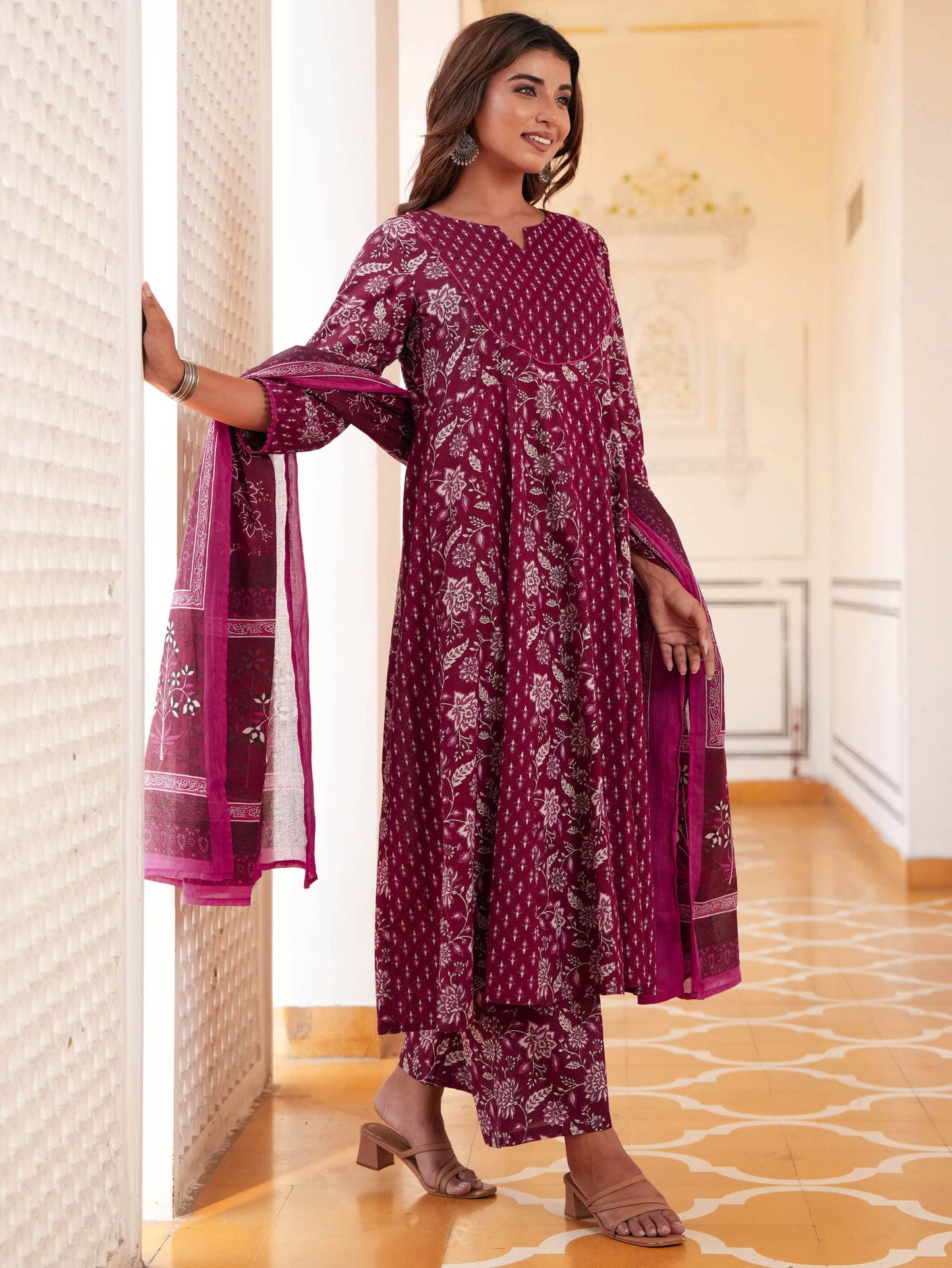 Cotton Voile Floral Maroon Dupatta