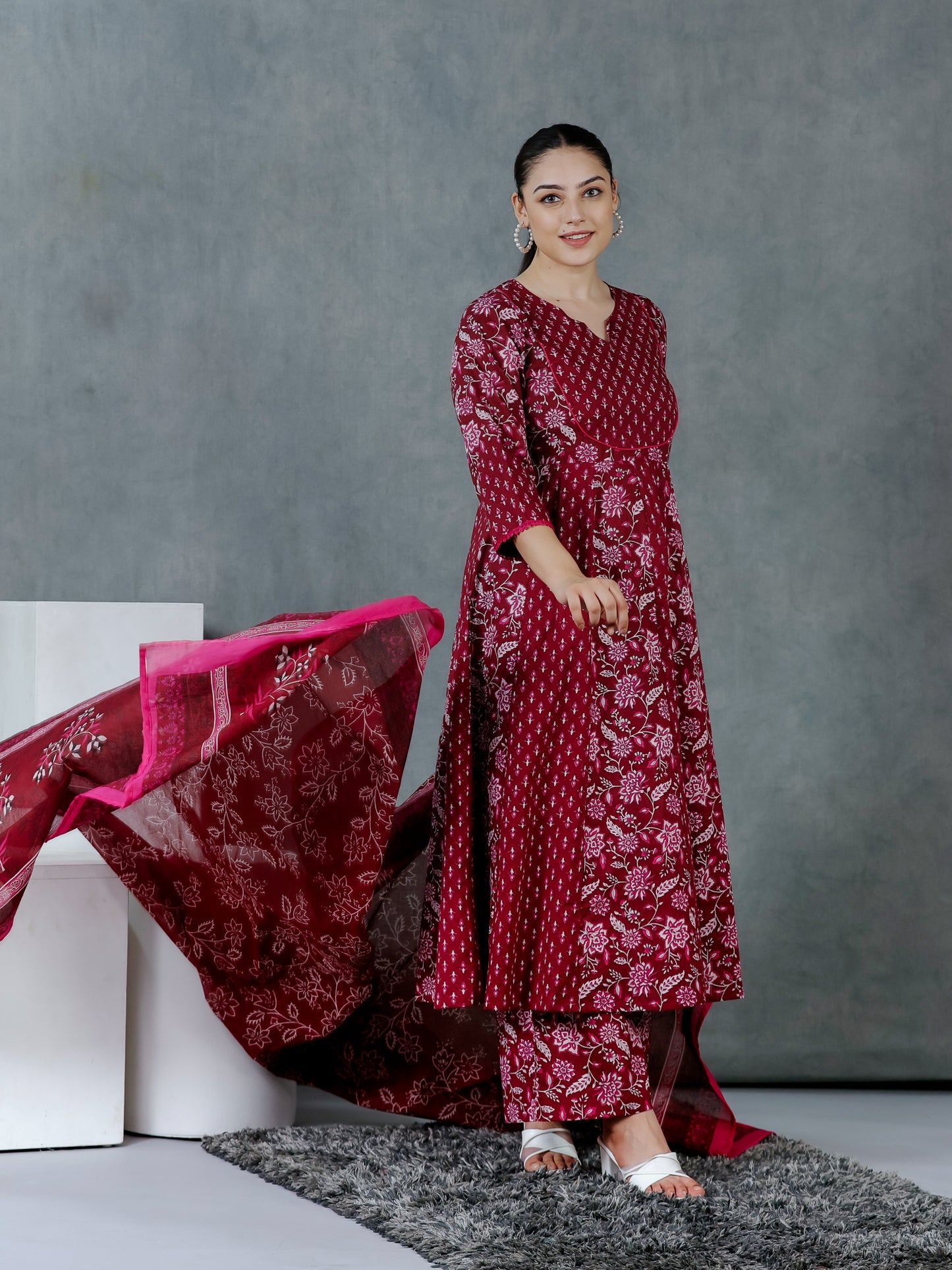 Cotton Voile Floral Maroon Dupatta