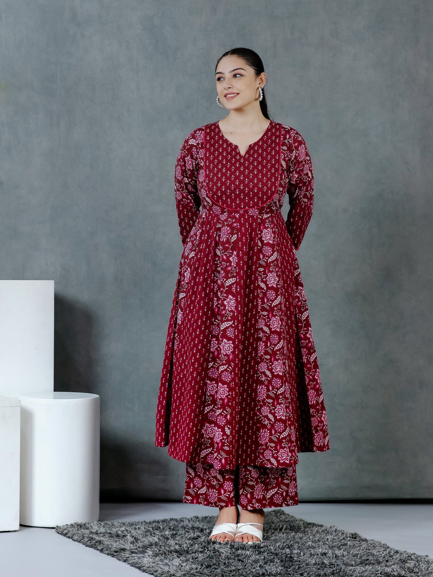 Soft Cotton Floral Anarkali Maroon Kurta