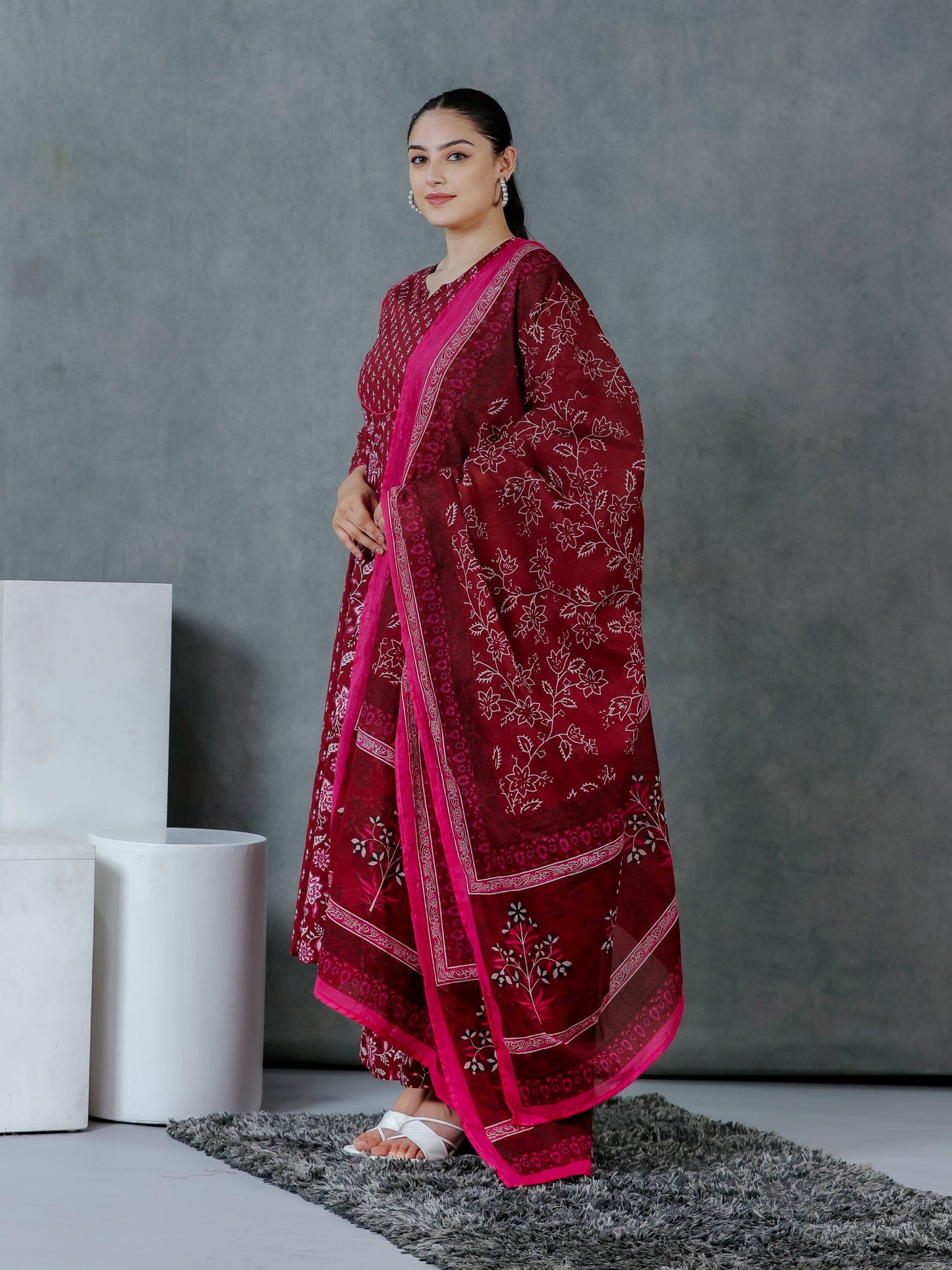 Soft Cotton Floral Anarkali Maroon Kurta