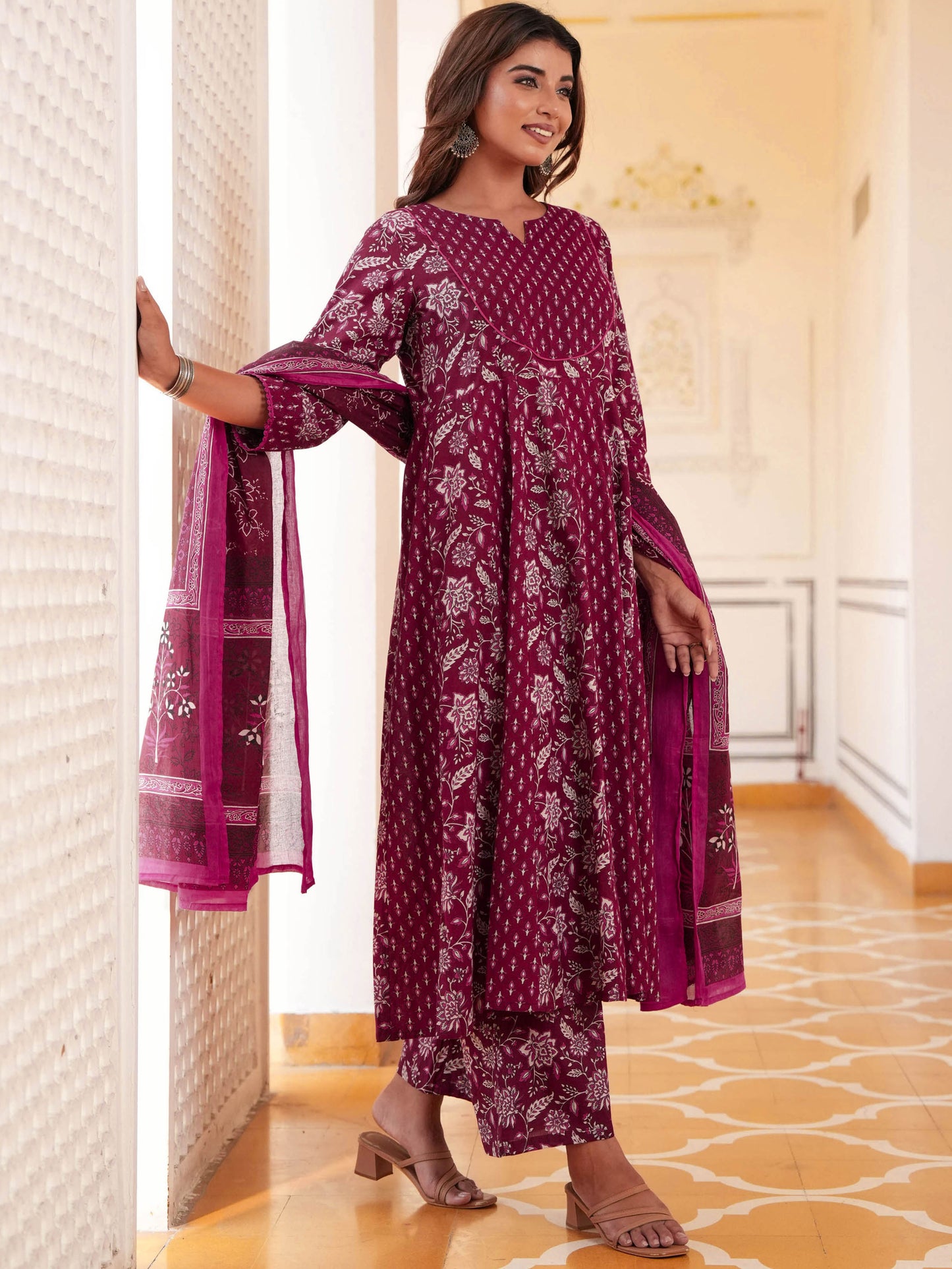 Soft Cotton Floral Anarkali Maroon Kurta