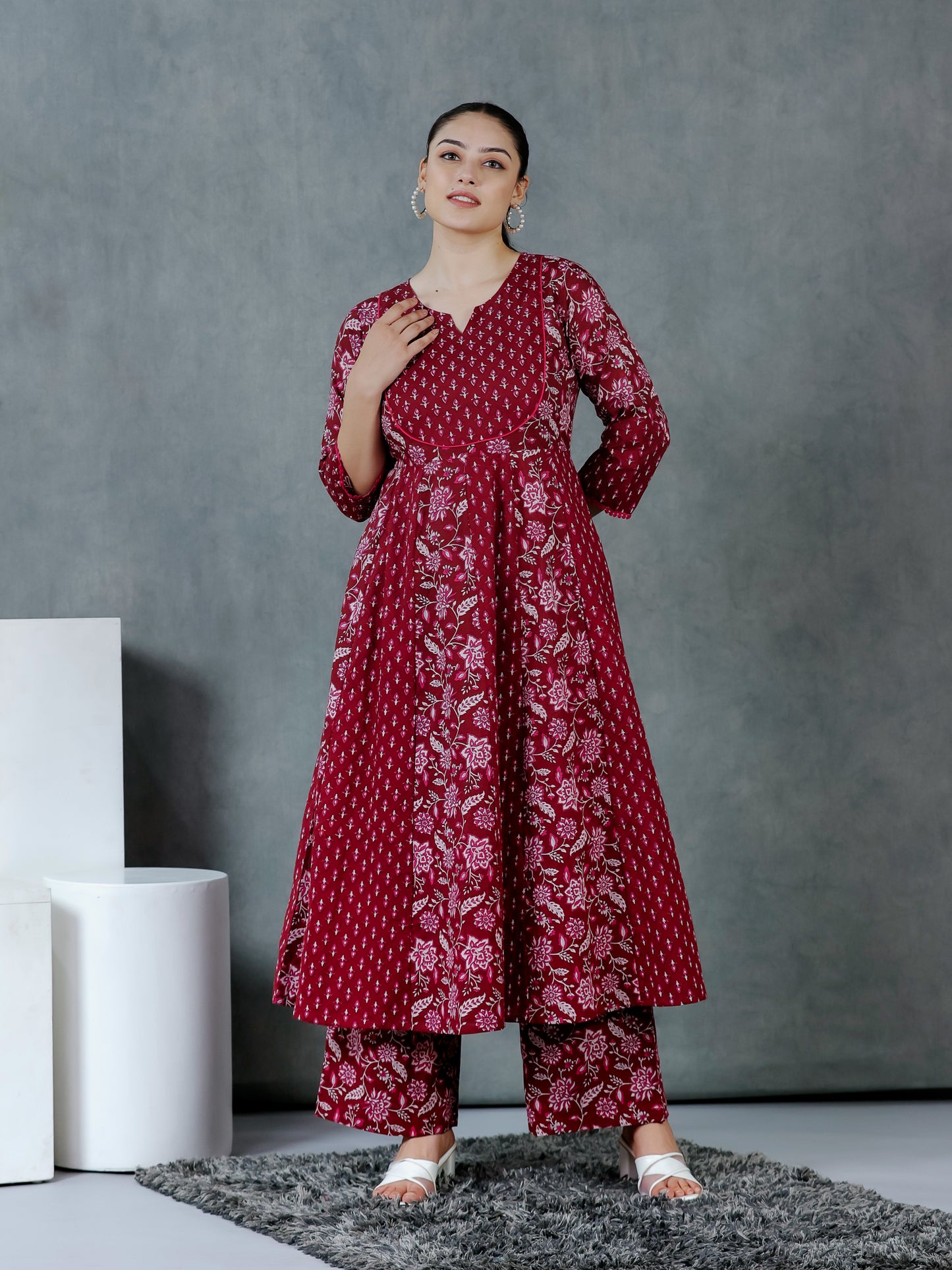 Soft Cotton Floral Anarkali Maroon Kurta