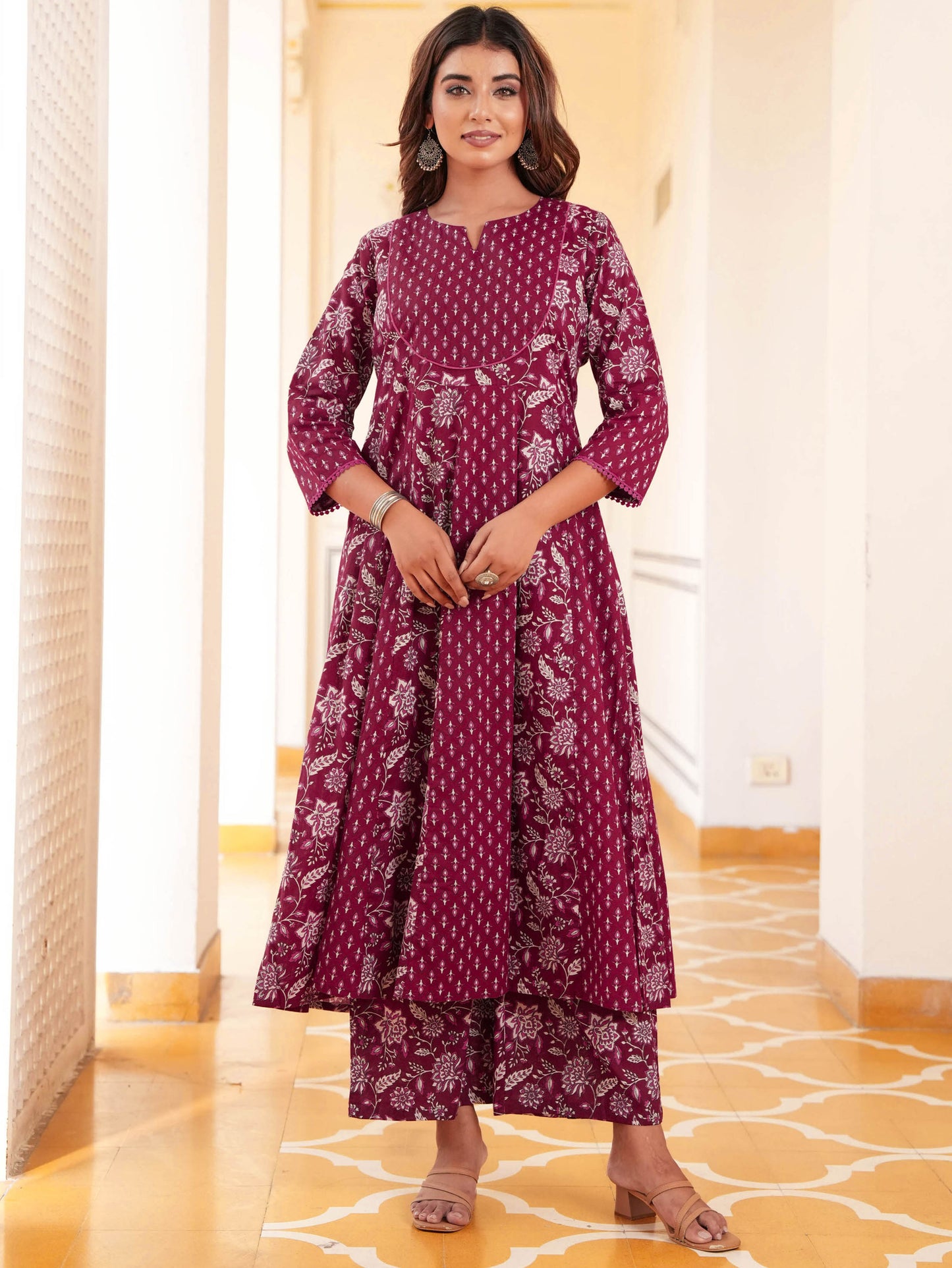Soft Cotton Floral Anarkali Maroon Kurta