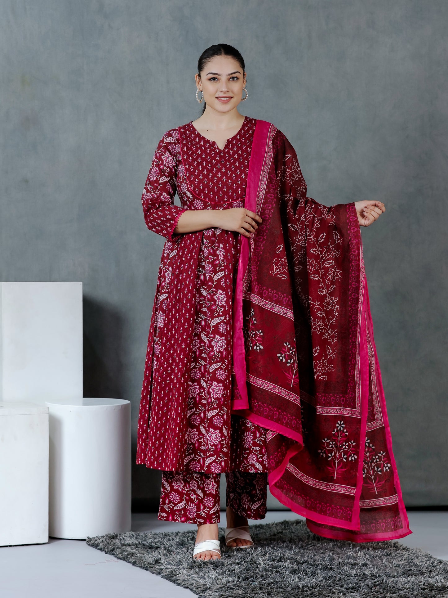 Soft Cotton Floral Anarkali Maroon Kurta