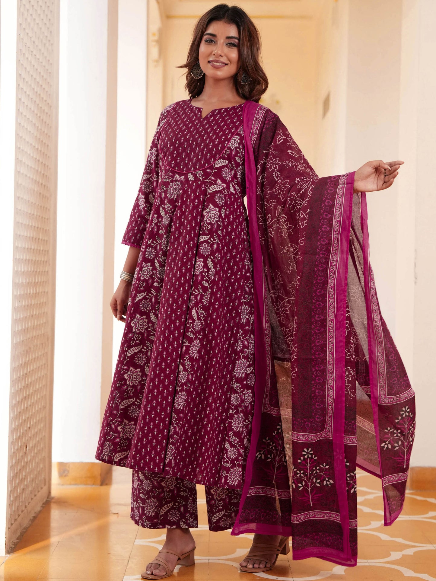 Soft Cotton Floral Anarkali Maroon Kurta