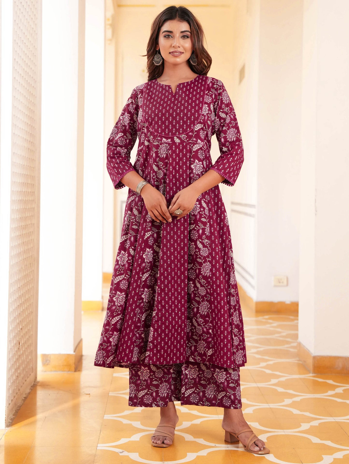Soft Cotton Floral Anarkali Maroon Kurta