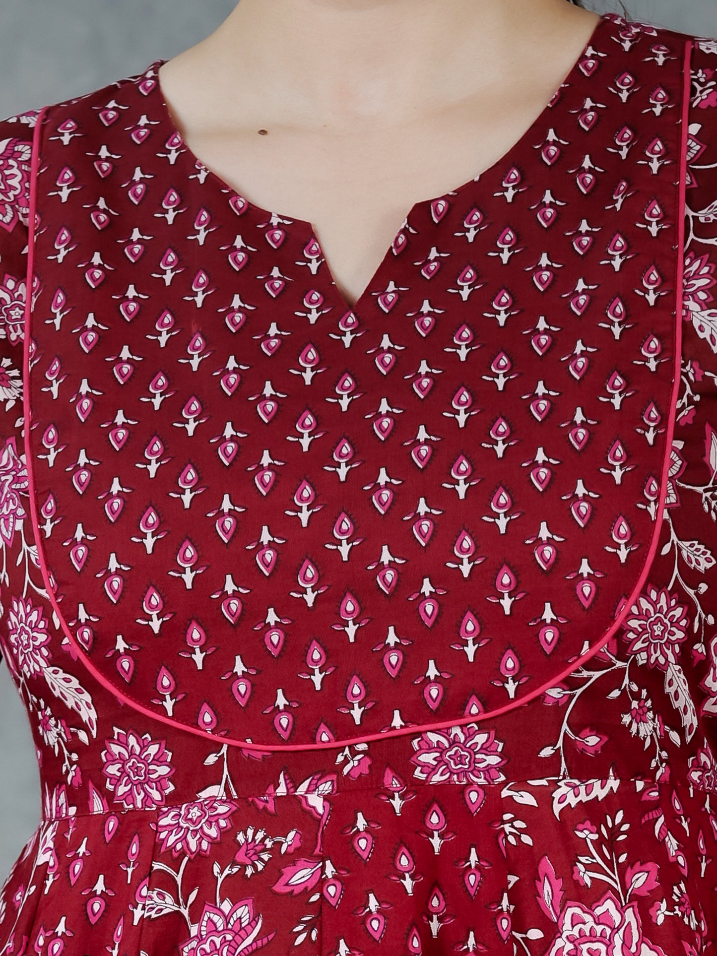 Soft Cotton Floral Anarkali Maroon Kurta