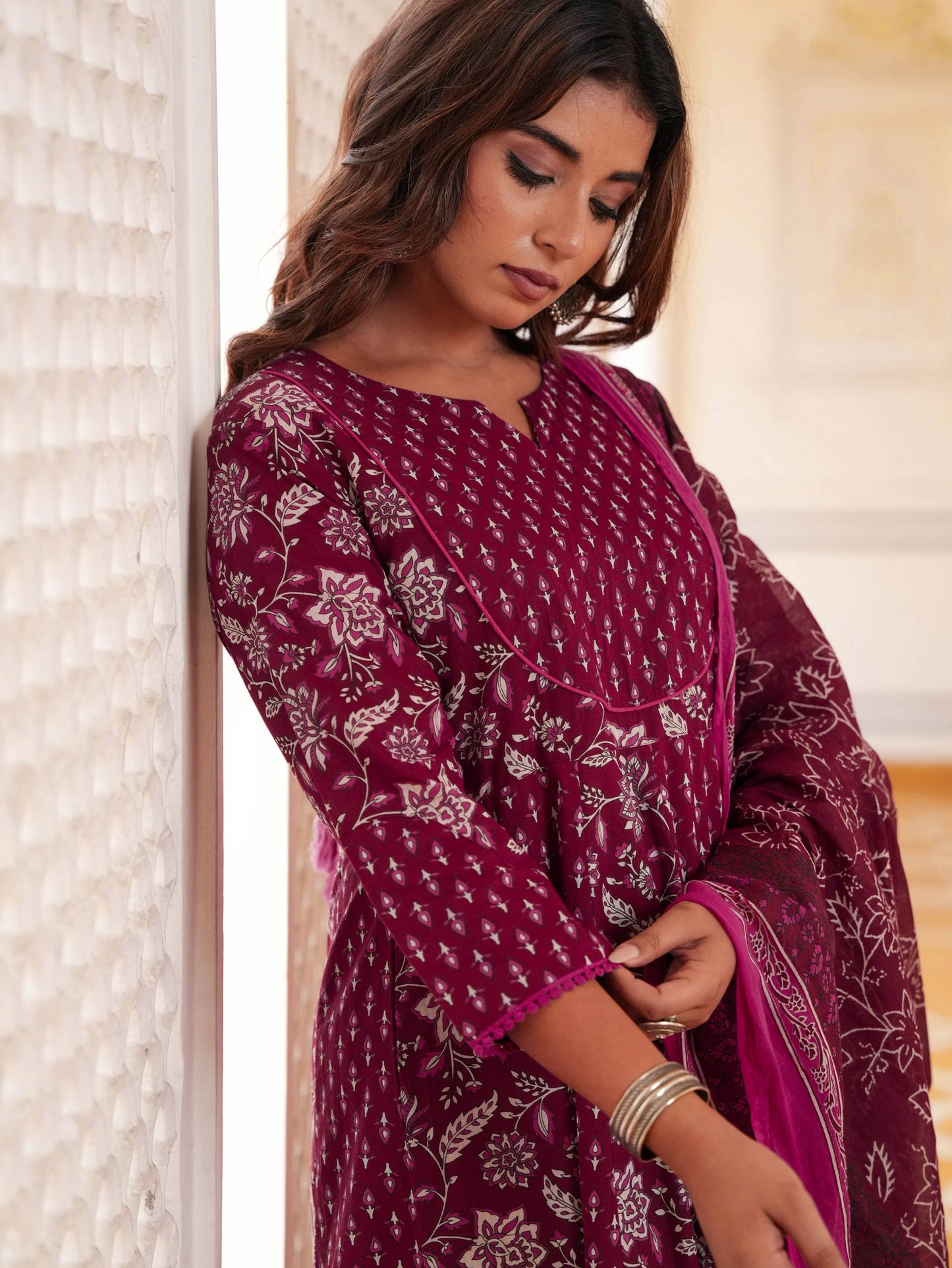 Soft Cotton Floral Anarkali Maroon Kurta