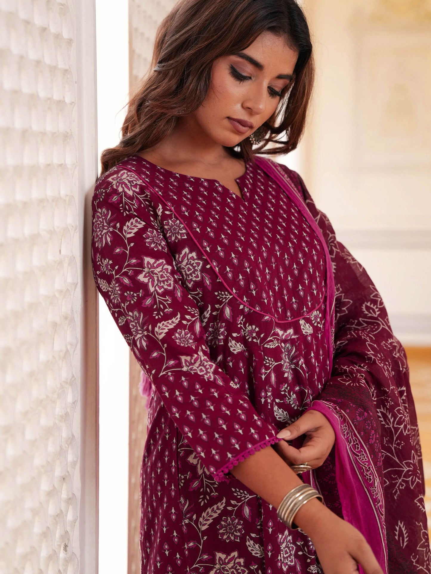 Soft Cotton Floral Anarkali Maroon Kurta
