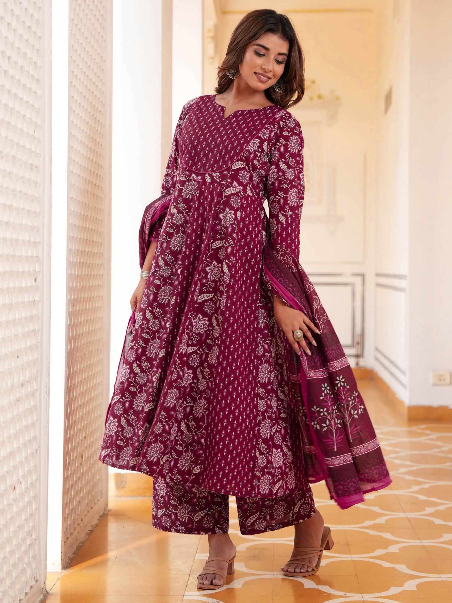 Soft Cotton Floral Anarkali Maroon Kurta
