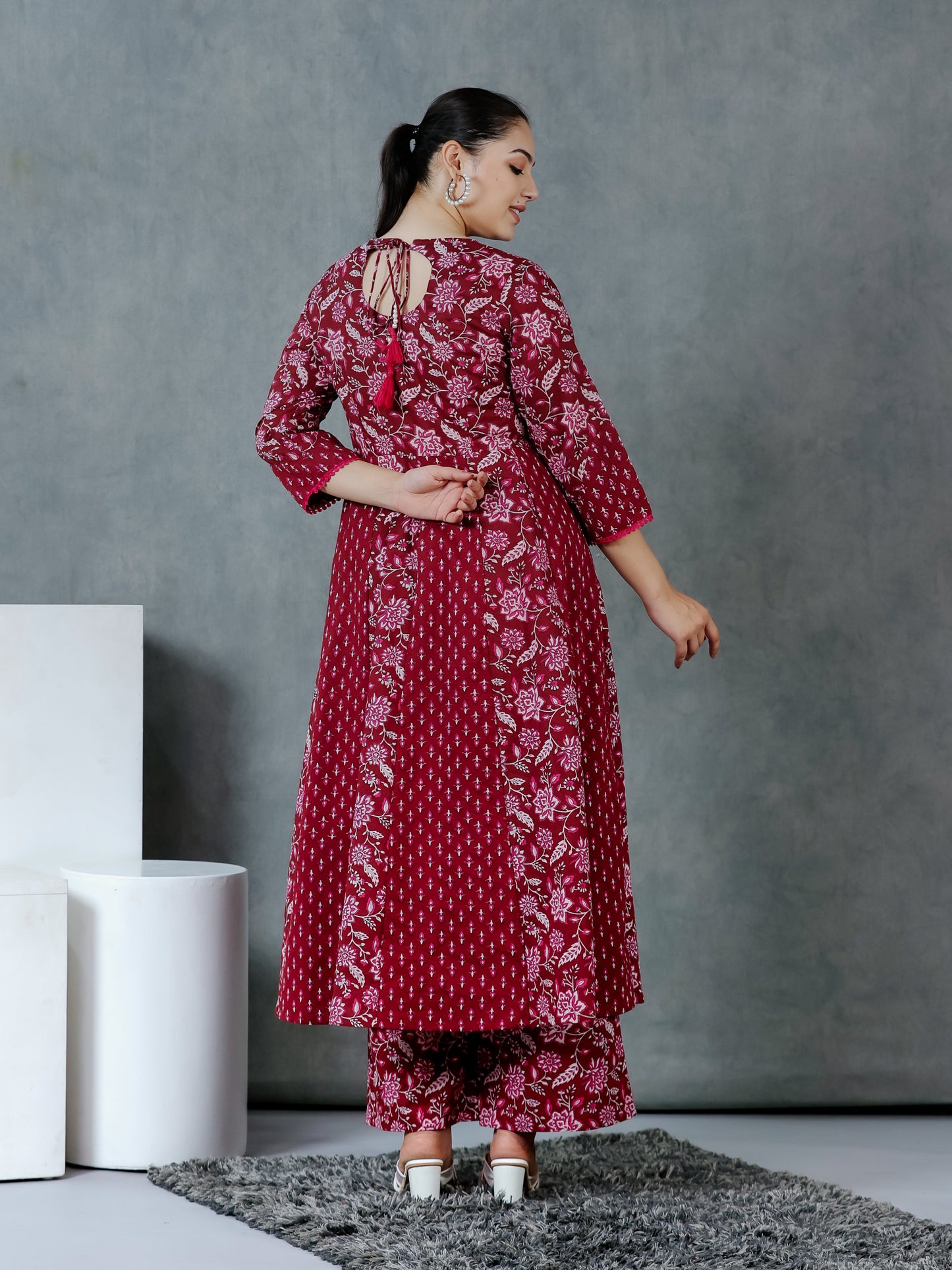 Soft Cotton Floral Anarkali Maroon Kurta