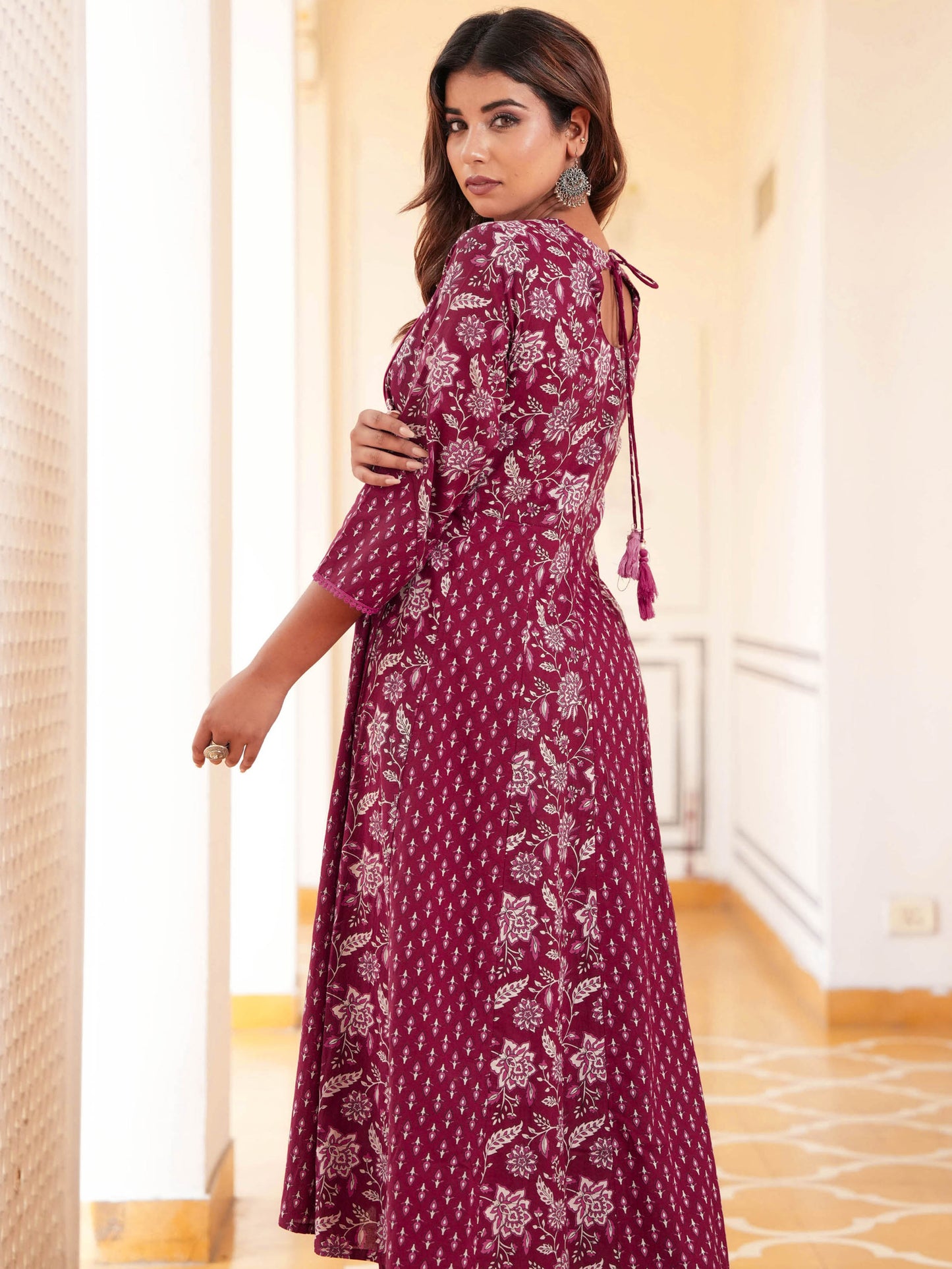 Soft Cotton Floral Anarkali Maroon Kurta