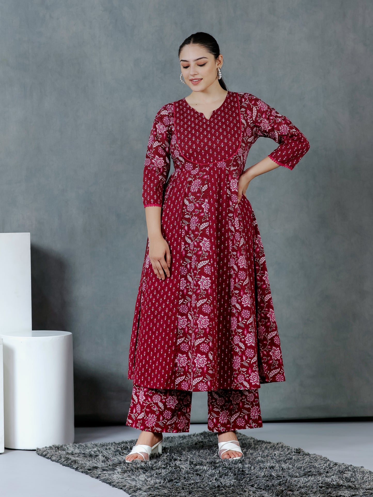 Soft Cotton Floral Anarkali Maroon Kurta
