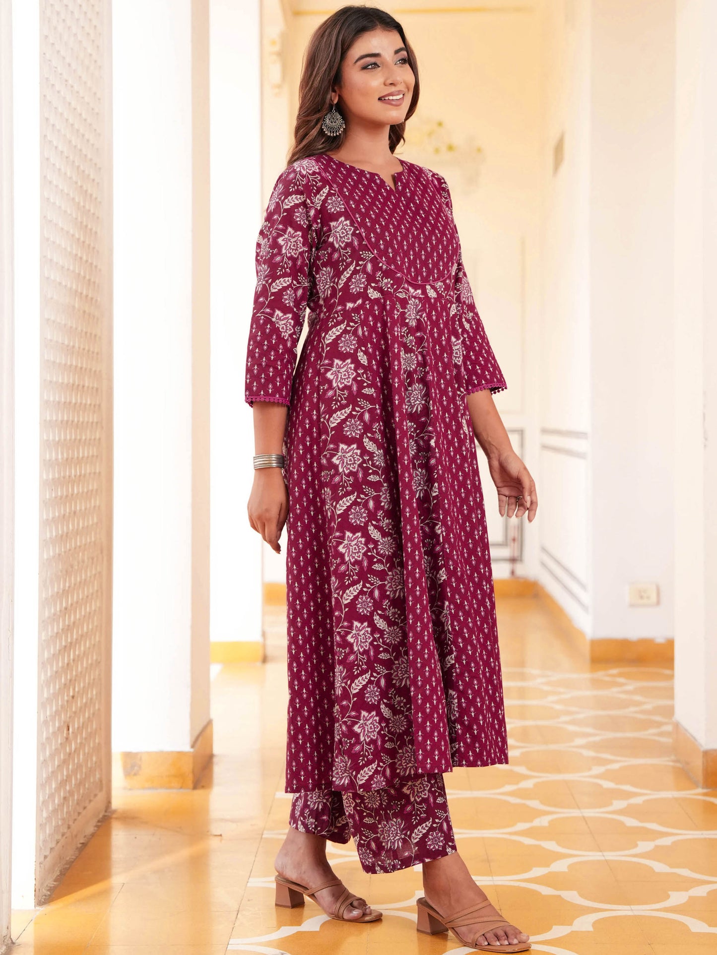 Soft Cotton Floral Anarkali Maroon Kurta