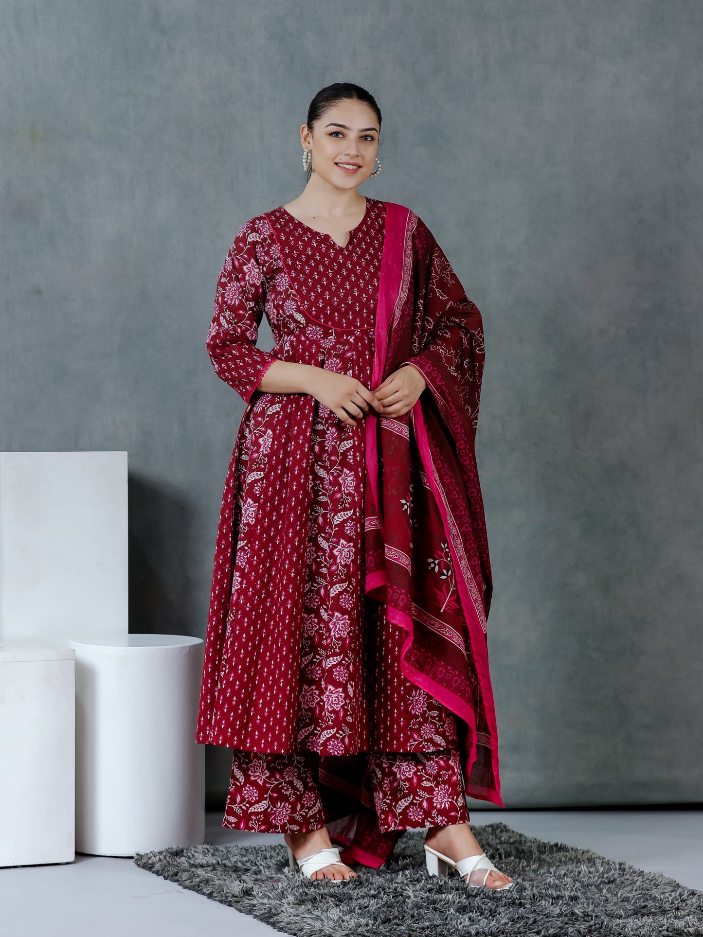 Soft Cotton Floral Anarkali Maroon Kurta