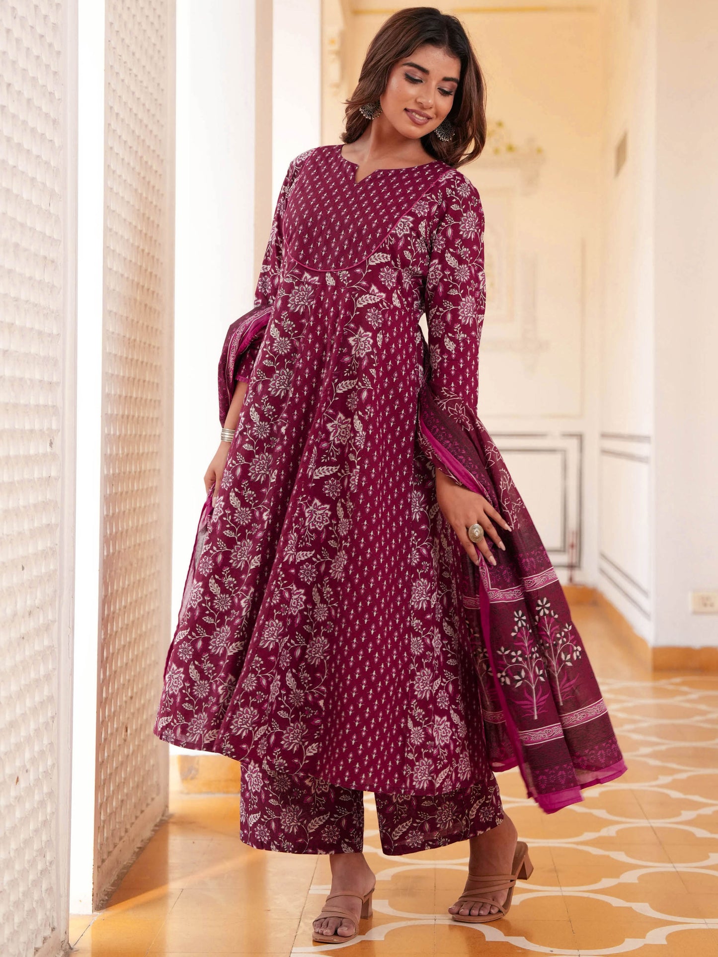 Soft Cotton Floral Anarkali Maroon Kurta