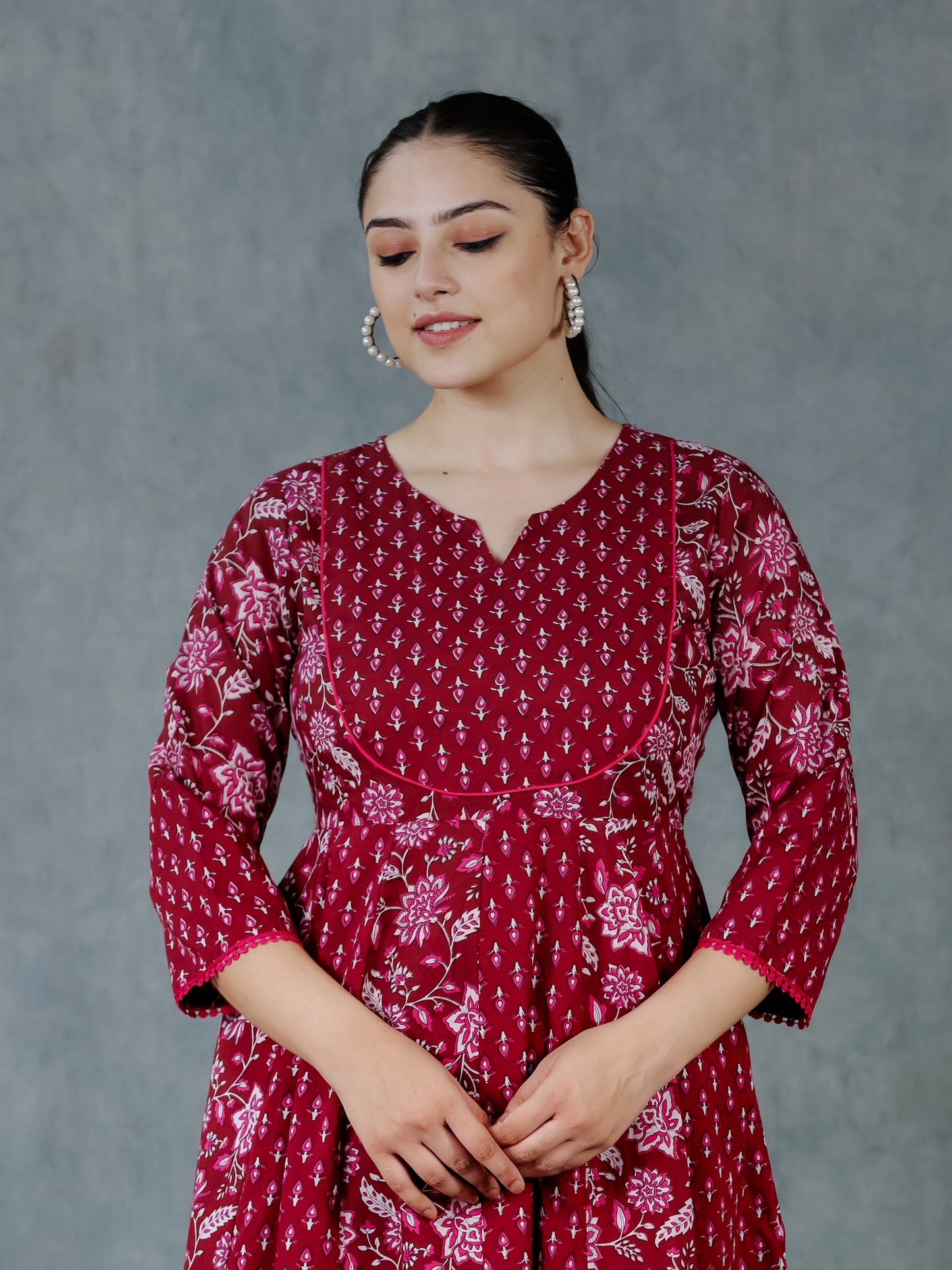 Soft Cotton Floral Anarkali Maroon Kurta