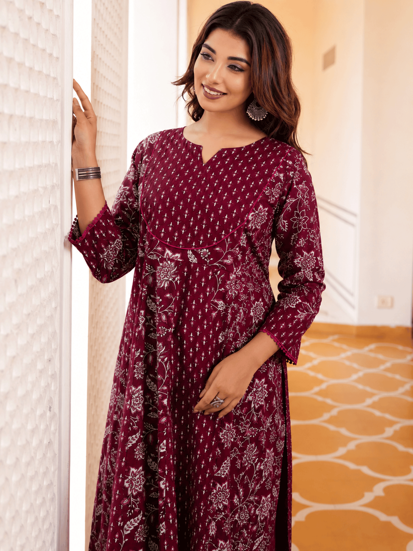 Soft Cotton Floral Anarkali Maroon Kurta