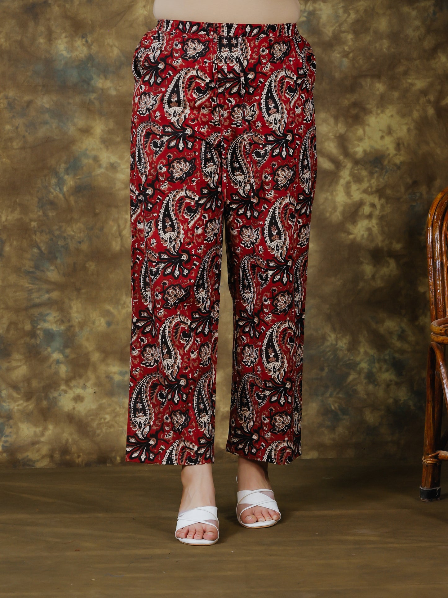 Soft Cotton Paisley Red Straight Trousers