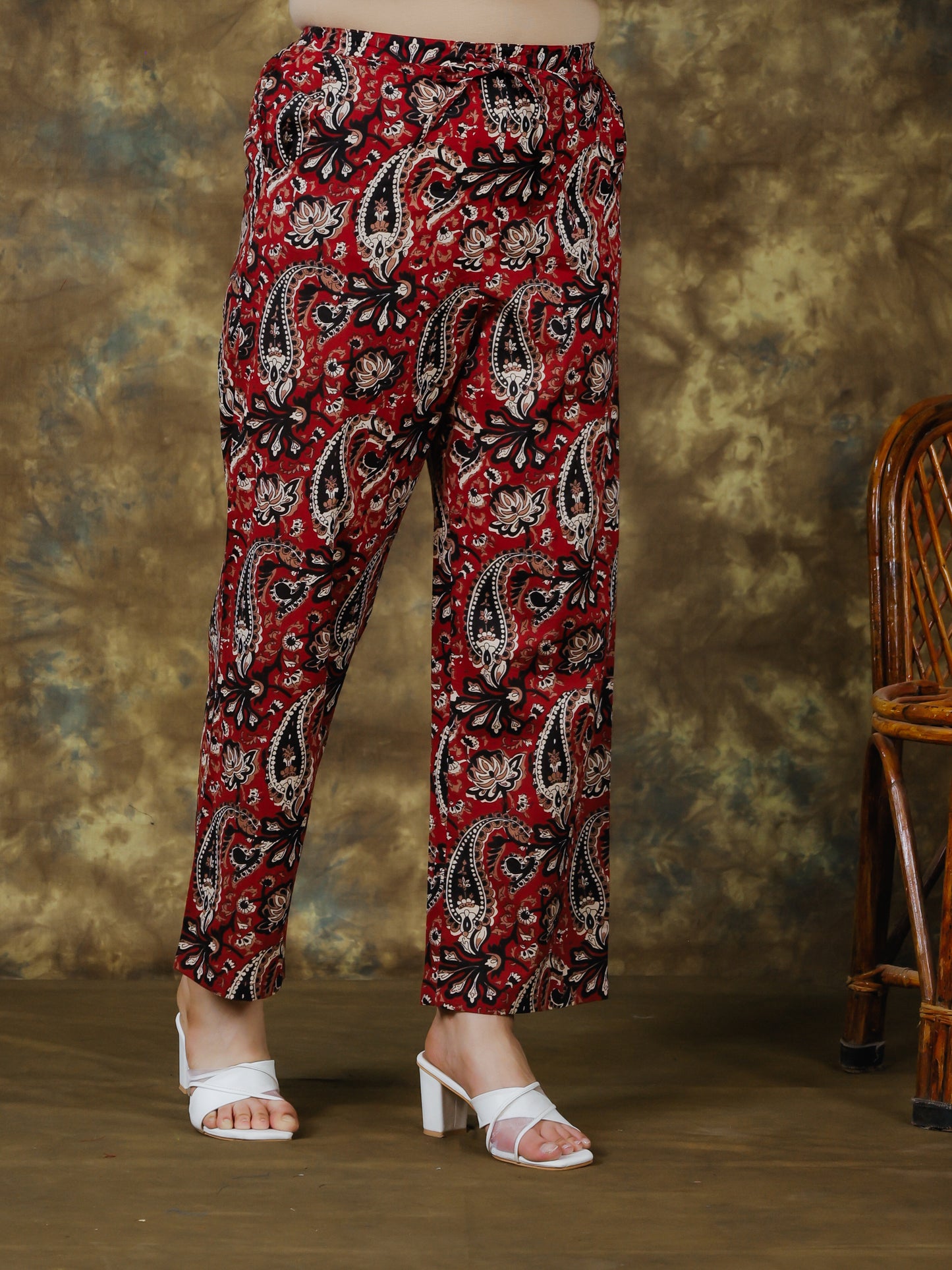 Soft Cotton Paisley Red Straight Trousers