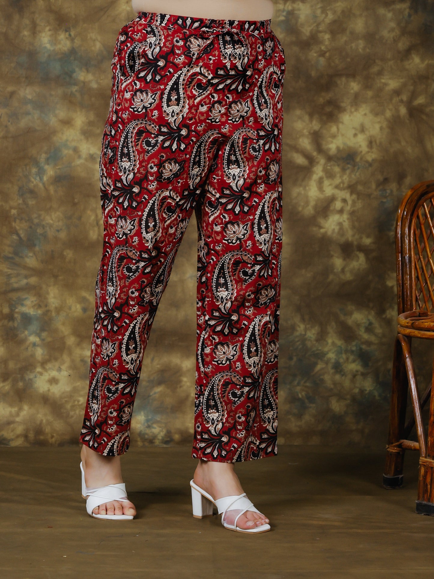Soft Cotton Paisley Red Straight Trousers
