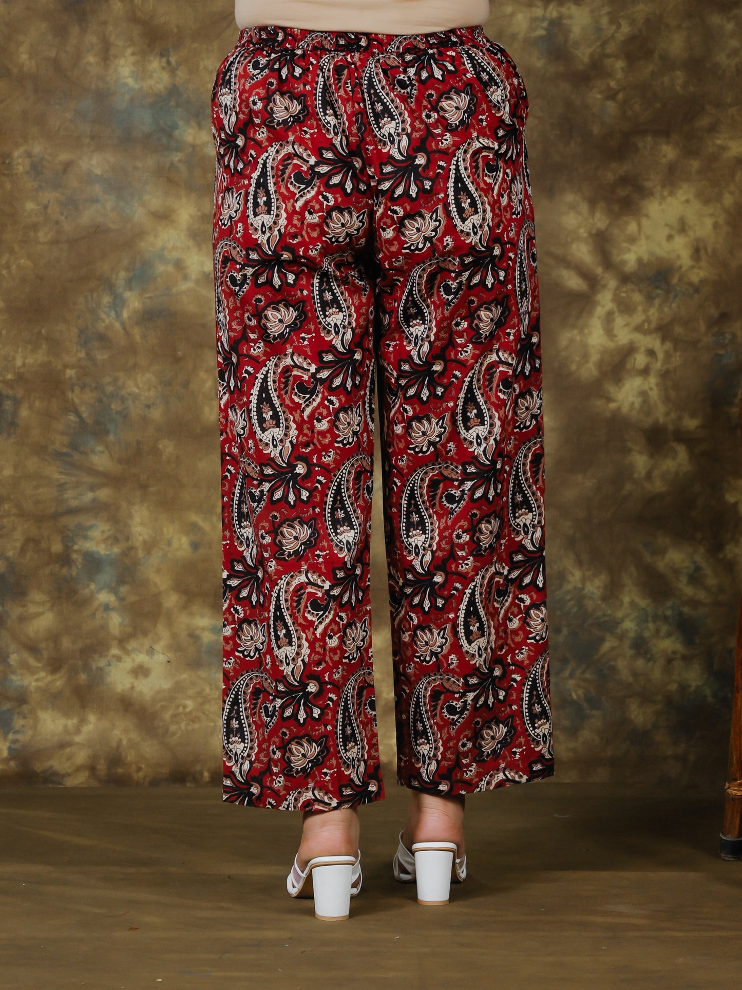 Soft Cotton Paisley Red Straight Trousers