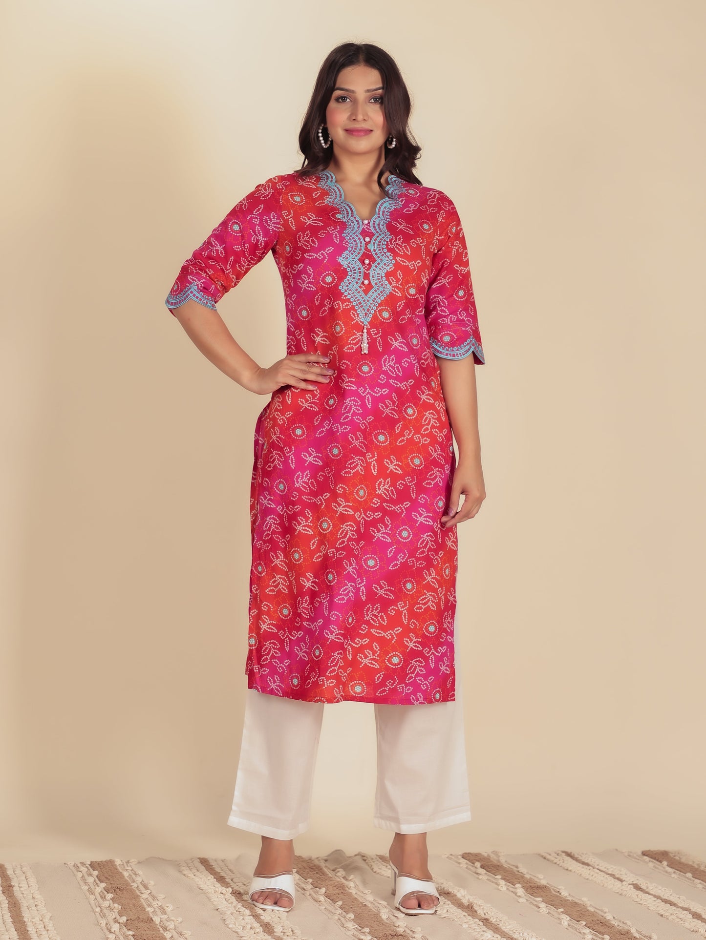 Embroidered Soft Cotton Bandhani Straight Multicolor Kurta