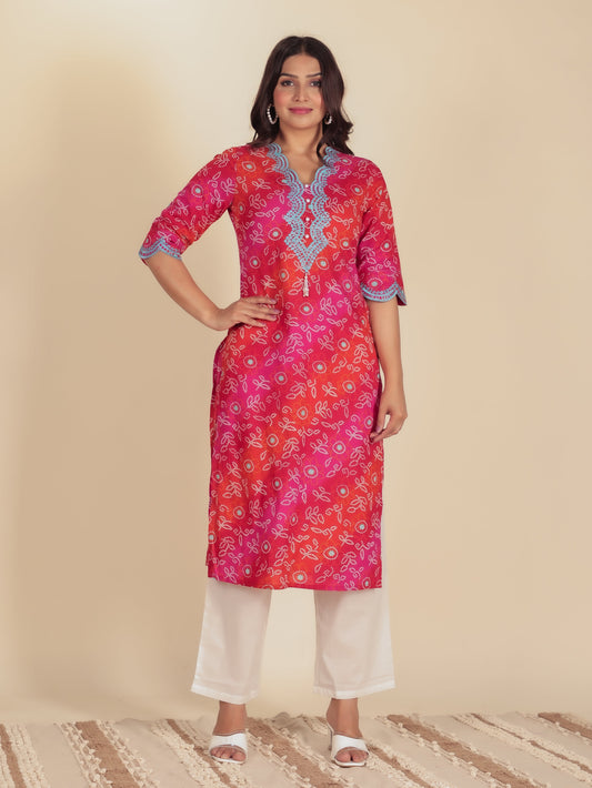 Embroidered Soft Cotton Bandhani Straight Multicolor Kurta