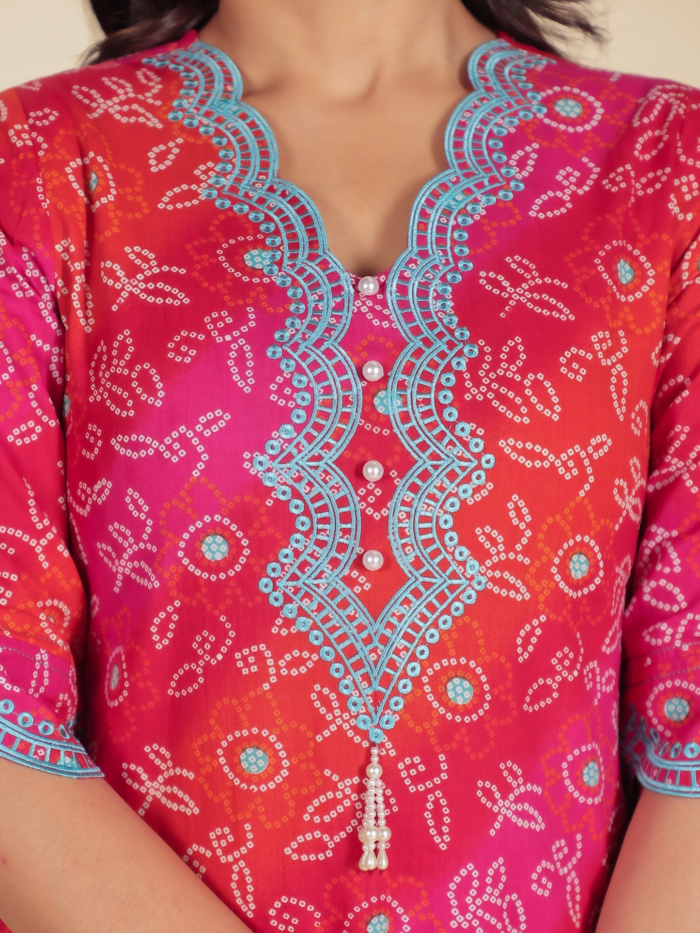 Embroidered Soft Cotton Bandhani Straight Multicolor Kurta