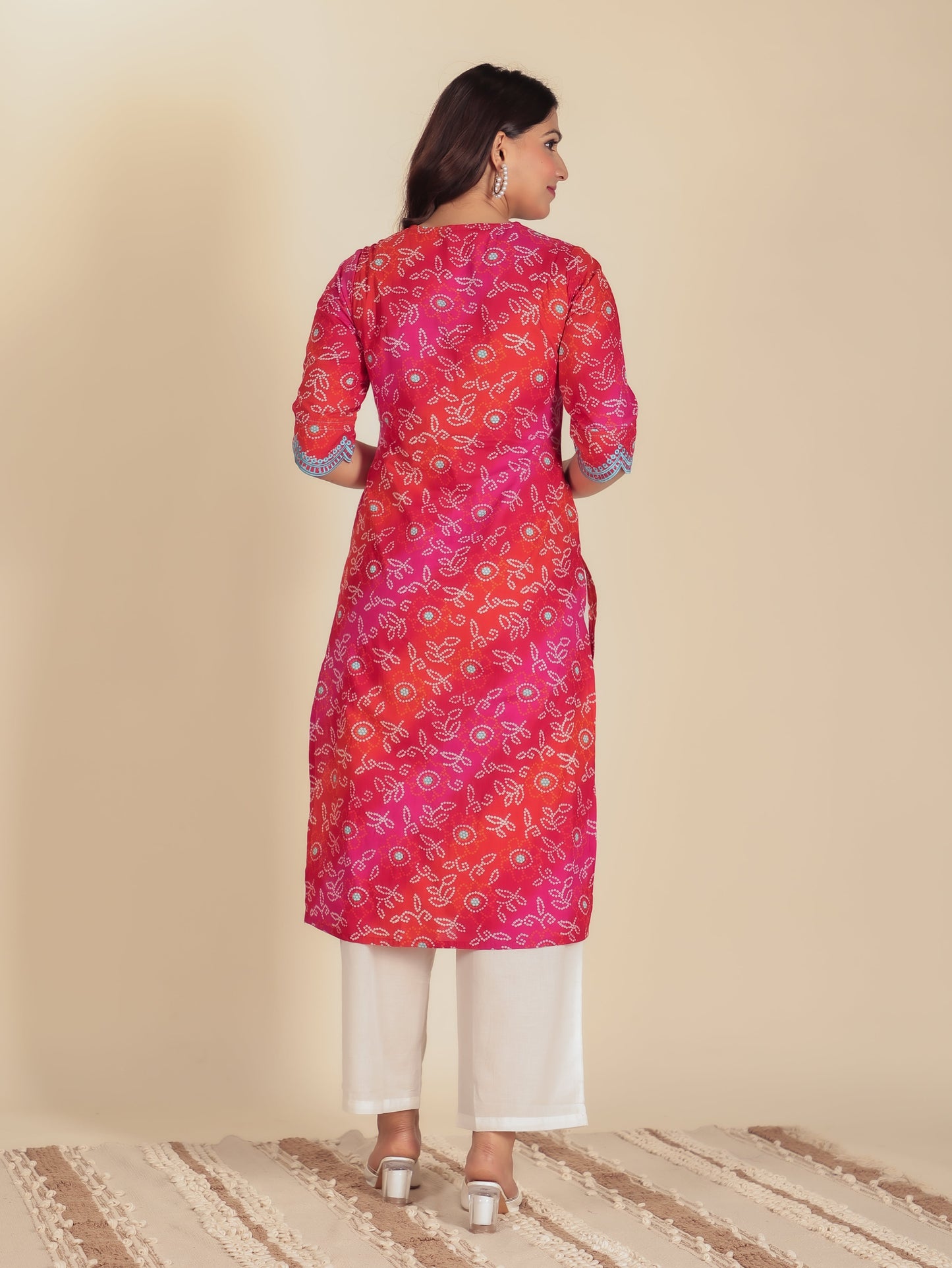 Embroidered Soft Cotton Bandhani Straight Multicolor Kurta