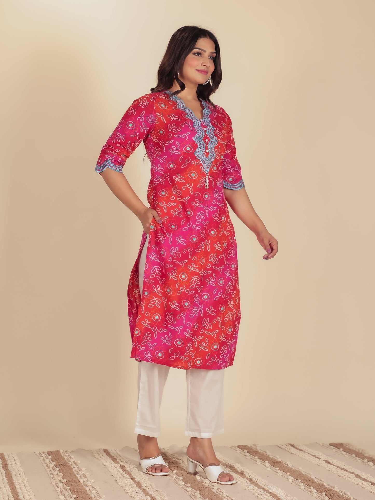 Embroidered Soft Cotton Bandhani Straight Multicolor Kurta