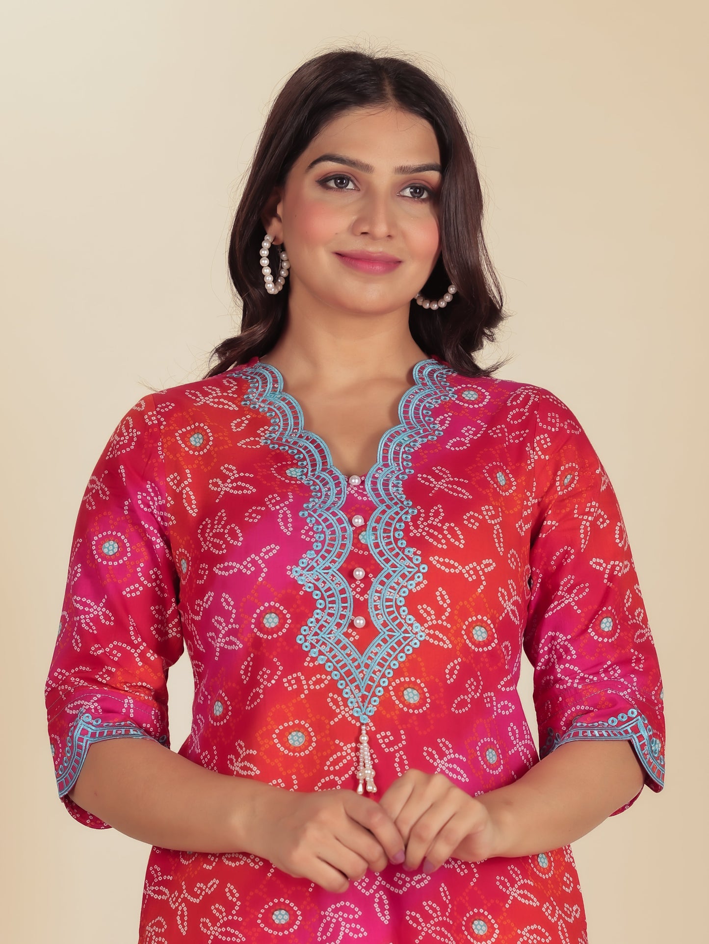 Embroidered Soft Cotton Bandhani Straight Multicolor Kurta