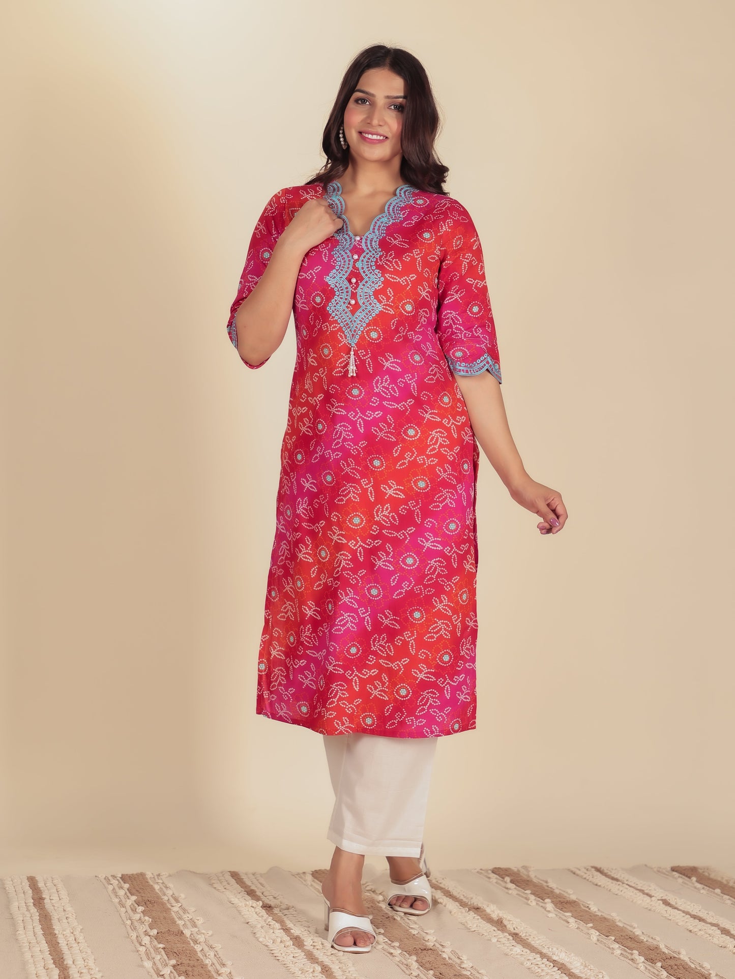 Embroidered Soft Cotton Bandhani Straight Multicolor Kurta