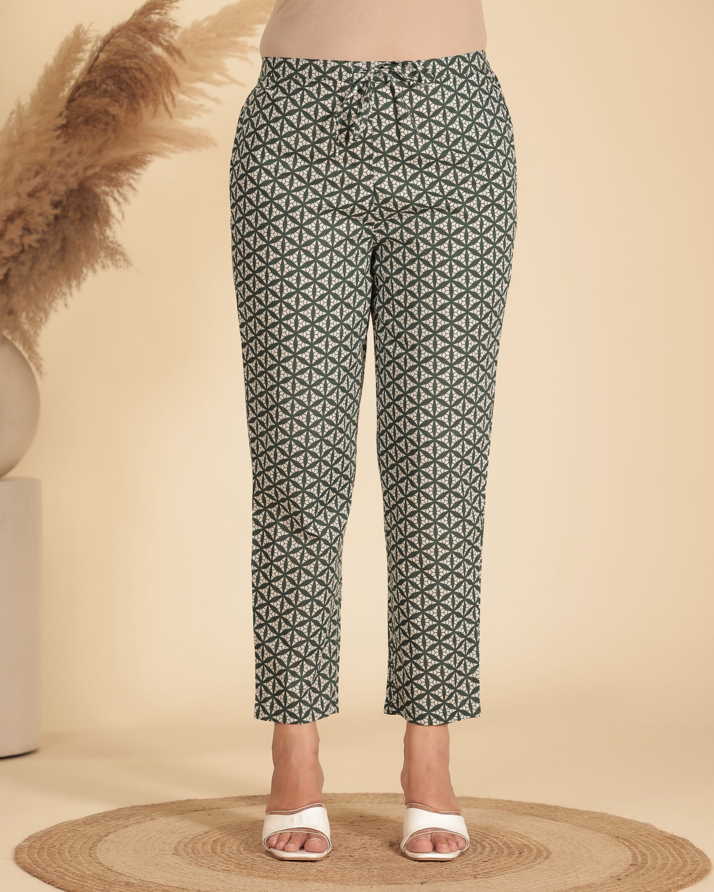 Soft Cotton Geometric Green Tapered Trousers
