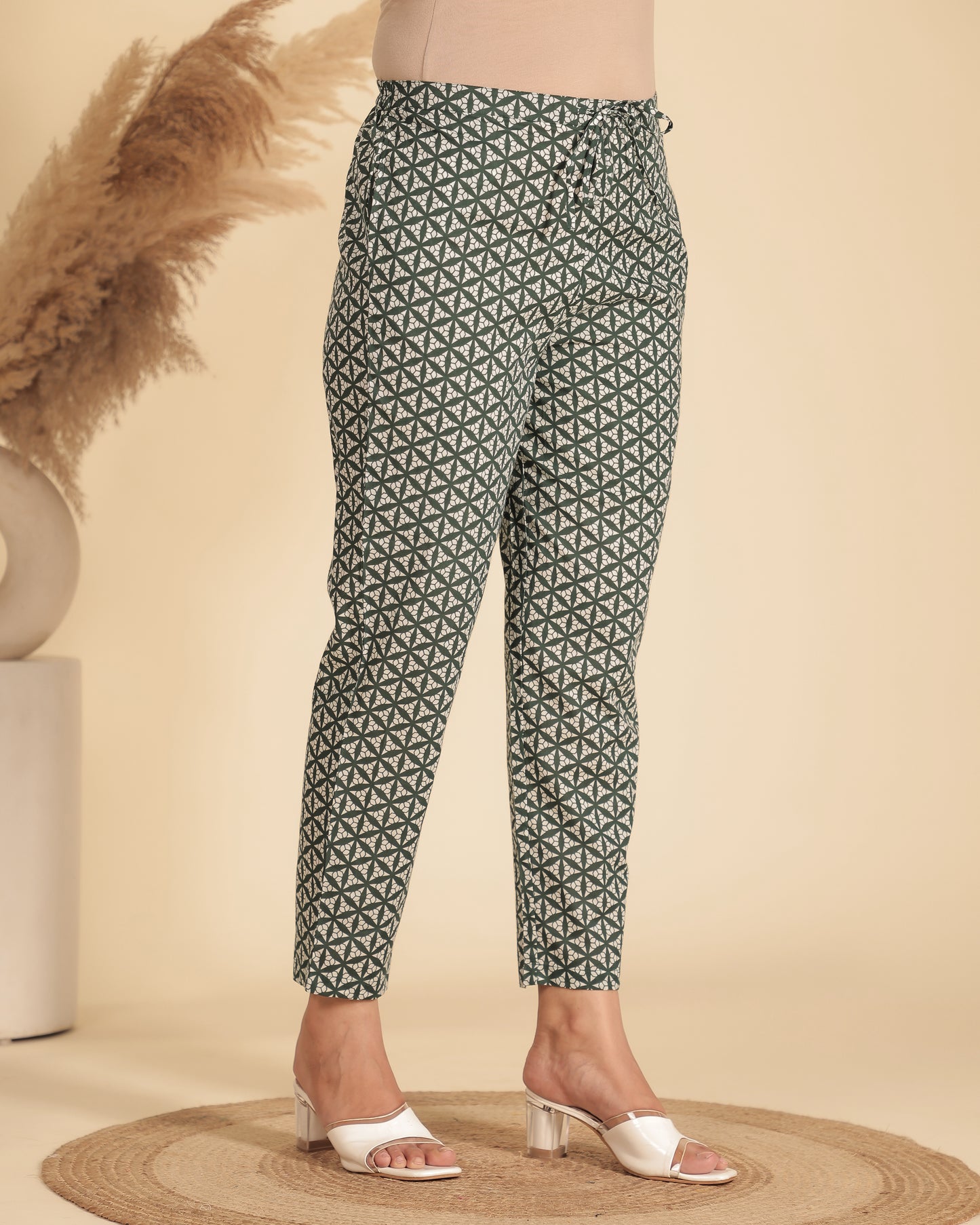 Soft Cotton Geometric Green Tapered Trousers