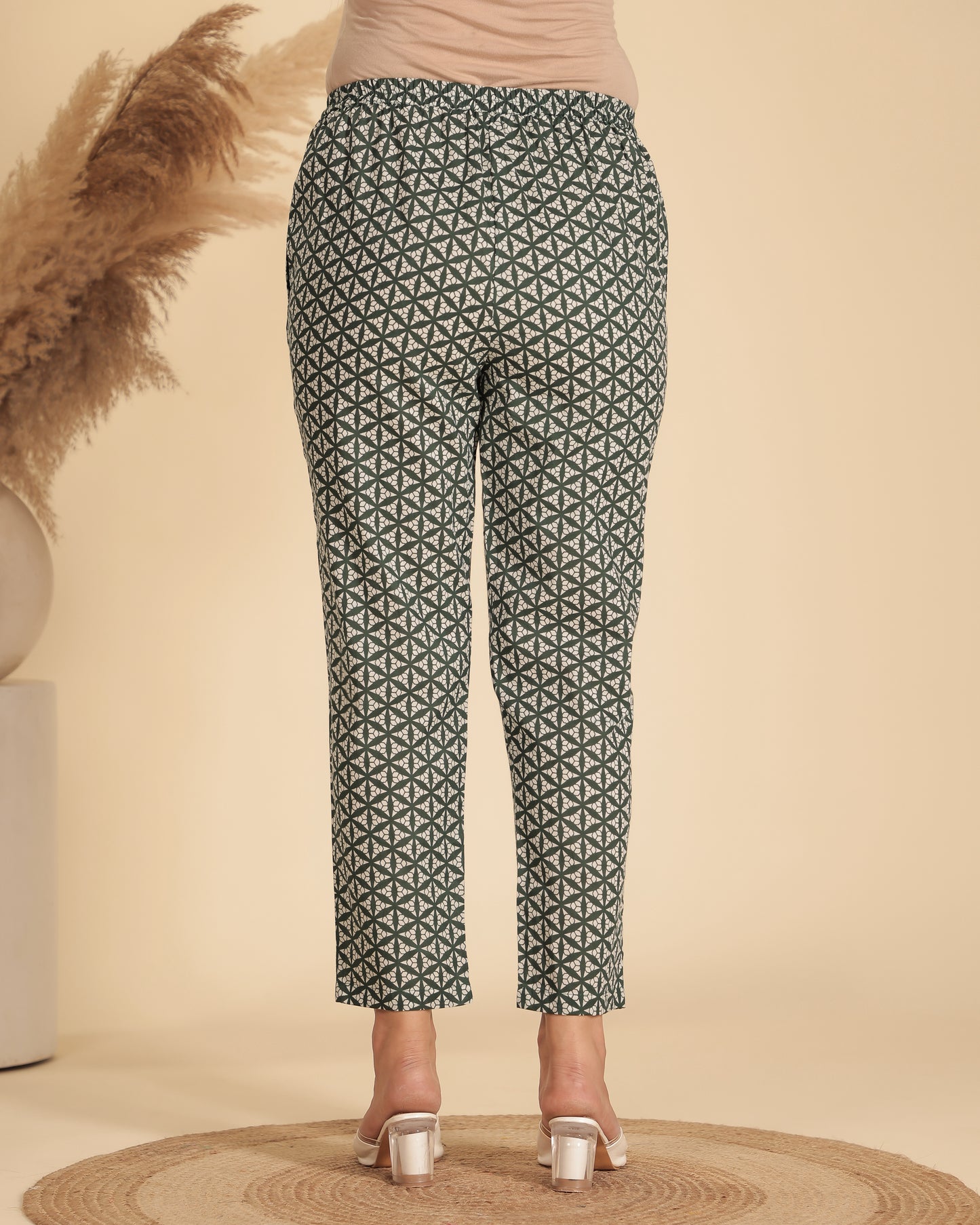 Soft Cotton Geometric Green Tapered Trousers
