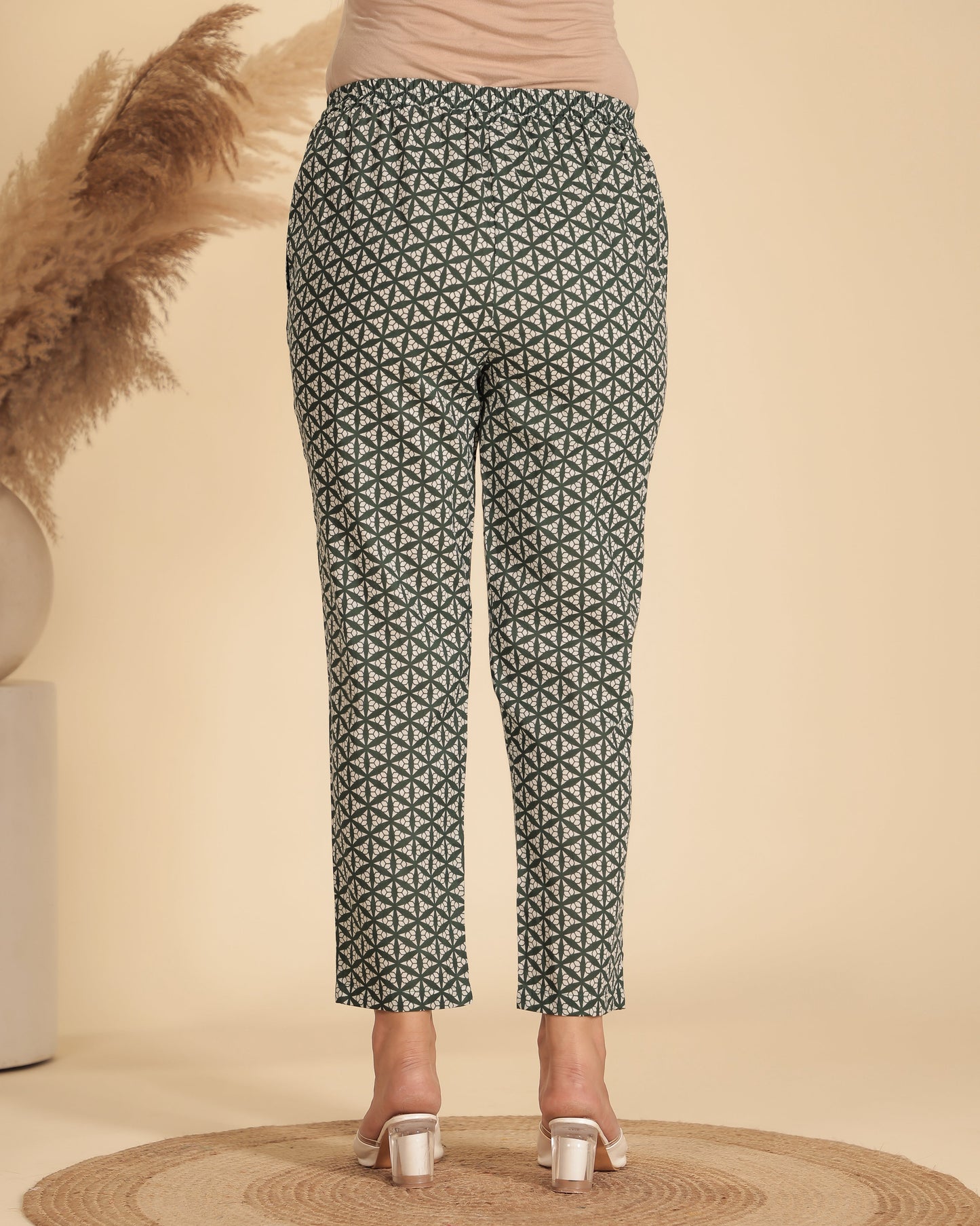 Soft Cotton Geometric Green Tapered Trousers