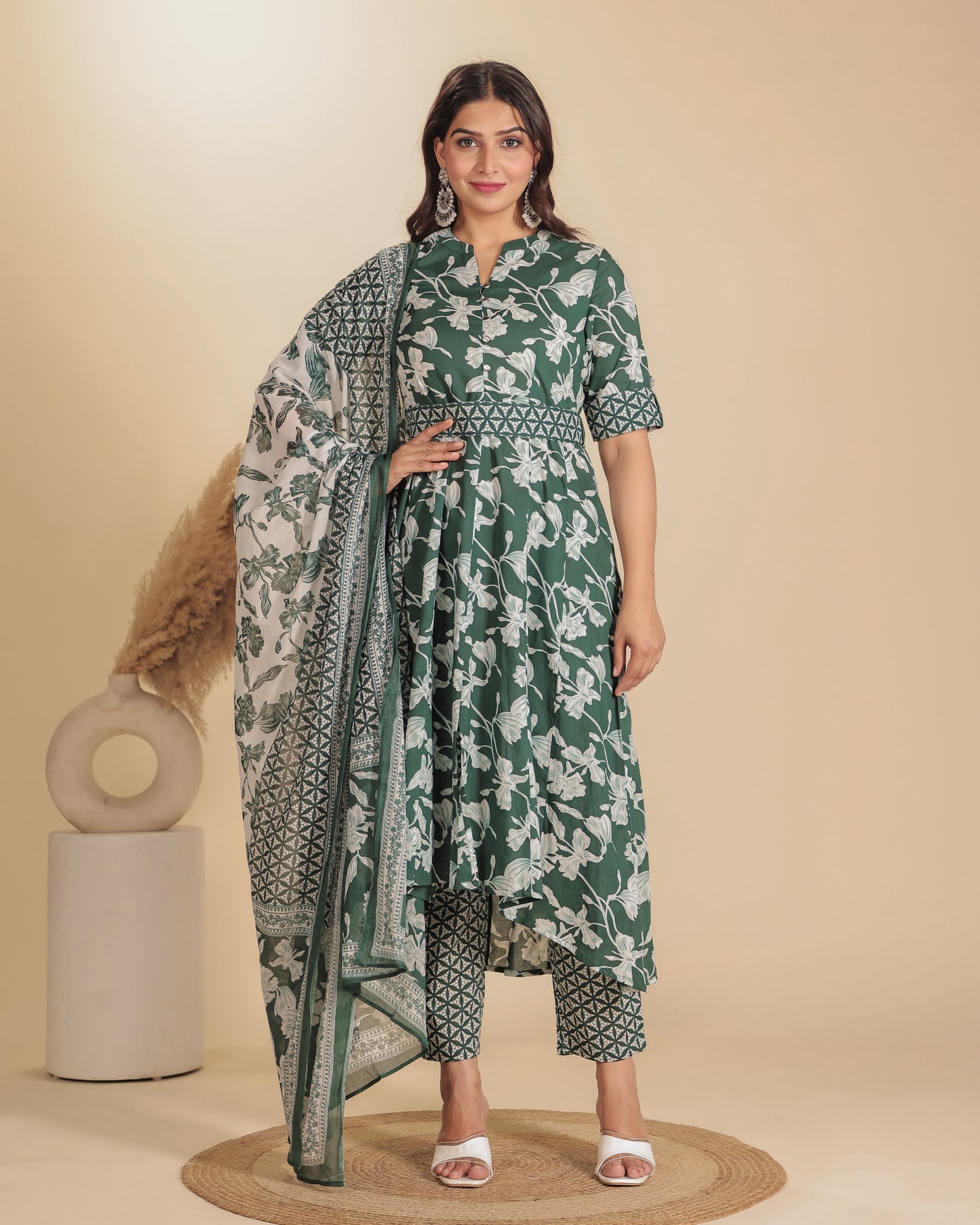 Cotton Voile Floral Green Dupatta