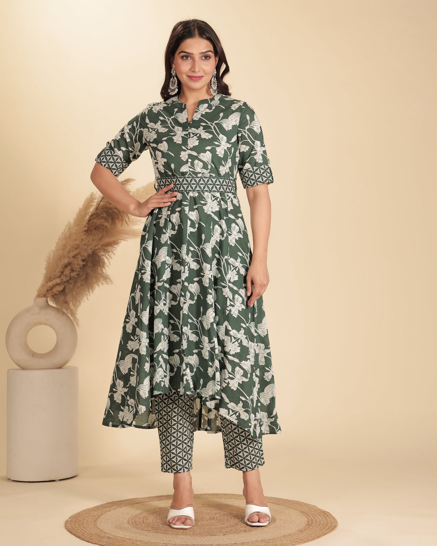 Soft Cotton Floral High Low Green Kurta