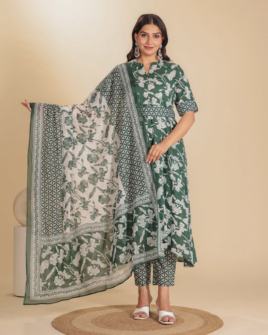 Soft Cotton Floral High Low Green Kurta