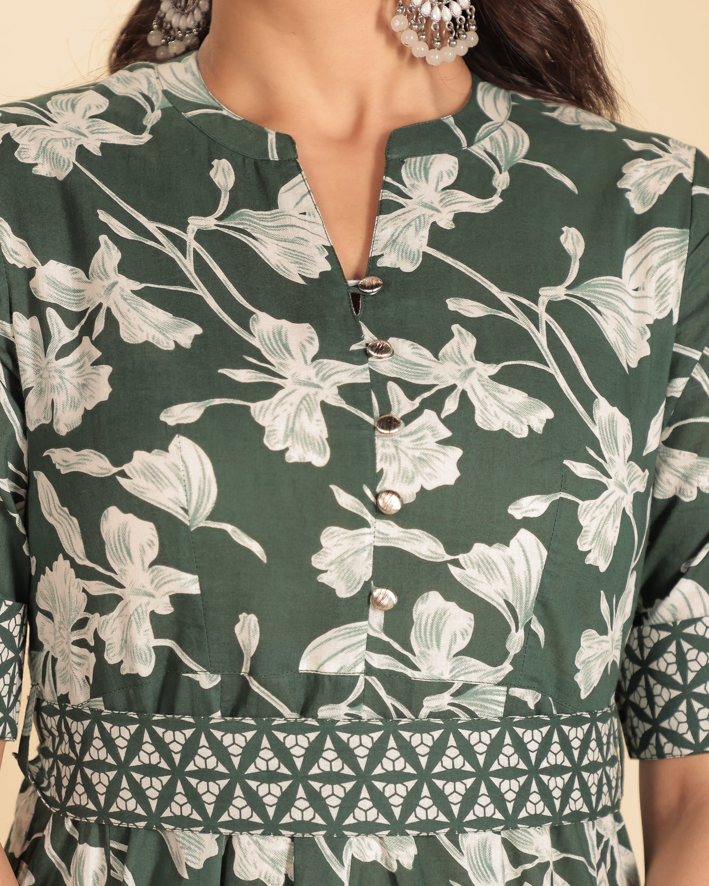 Soft Cotton Floral High Low Green Kurta