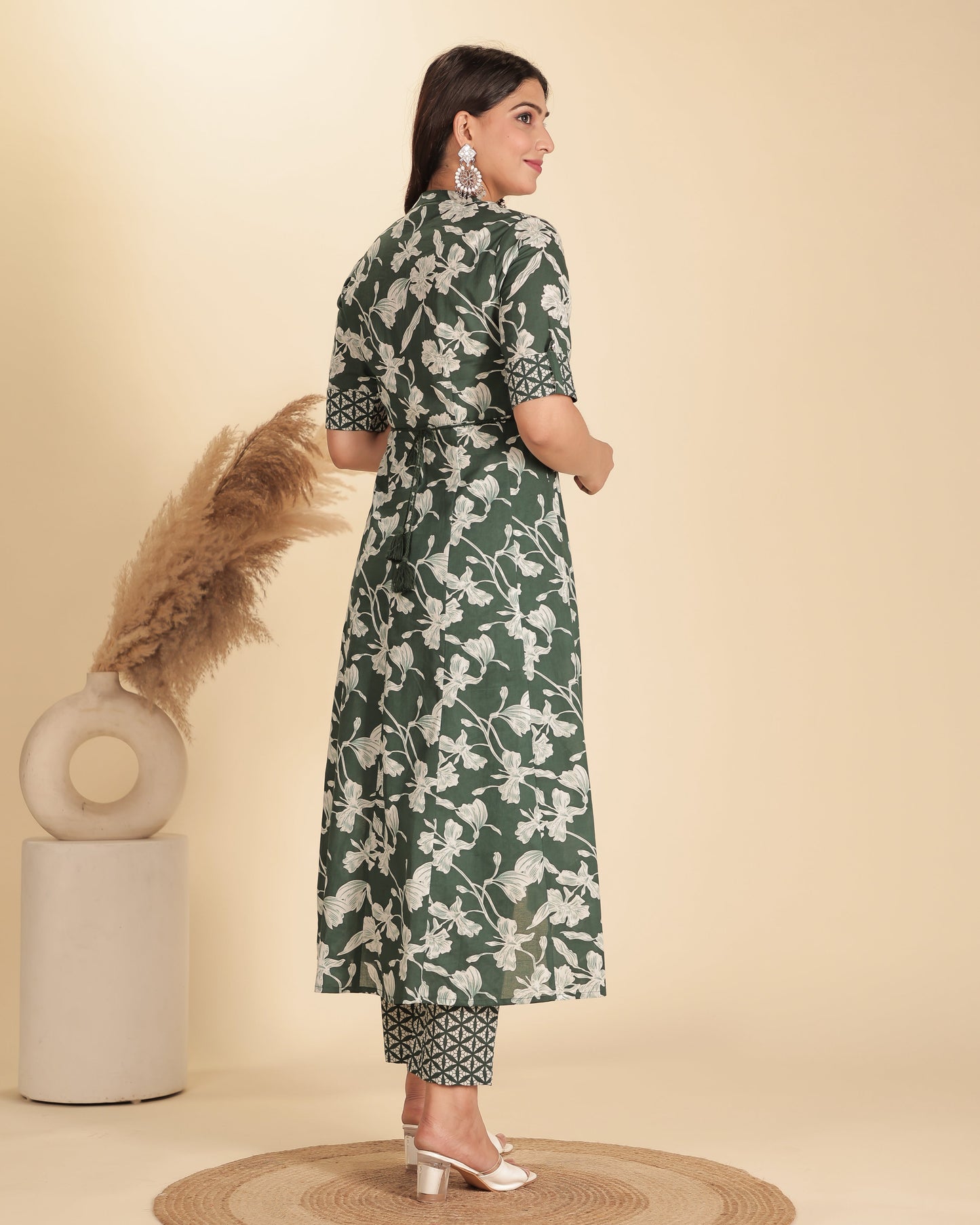 Soft Cotton Floral High Low Green Kurta